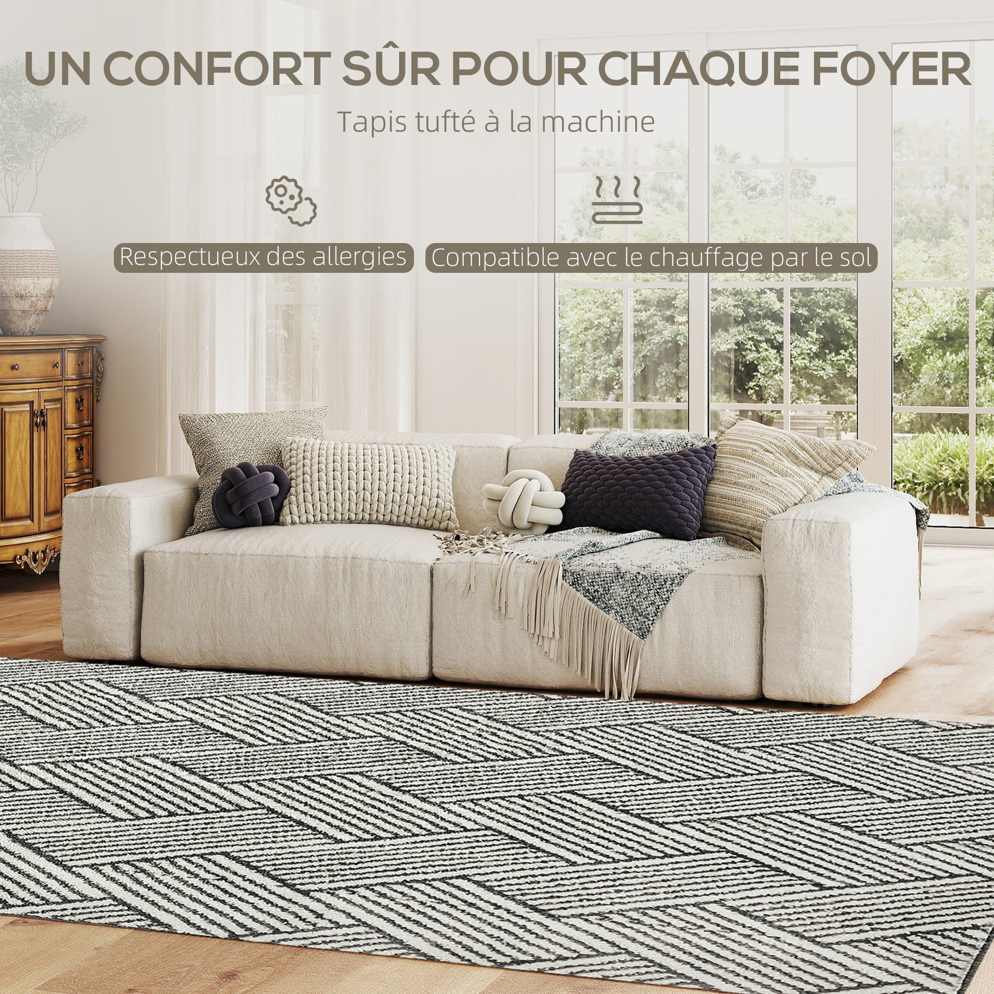 Living Room Rug 230 x 160 cm Short Pile Machine Washable Hypoallergenic Rug for Living Room, Bedroom, Office, Light Gray