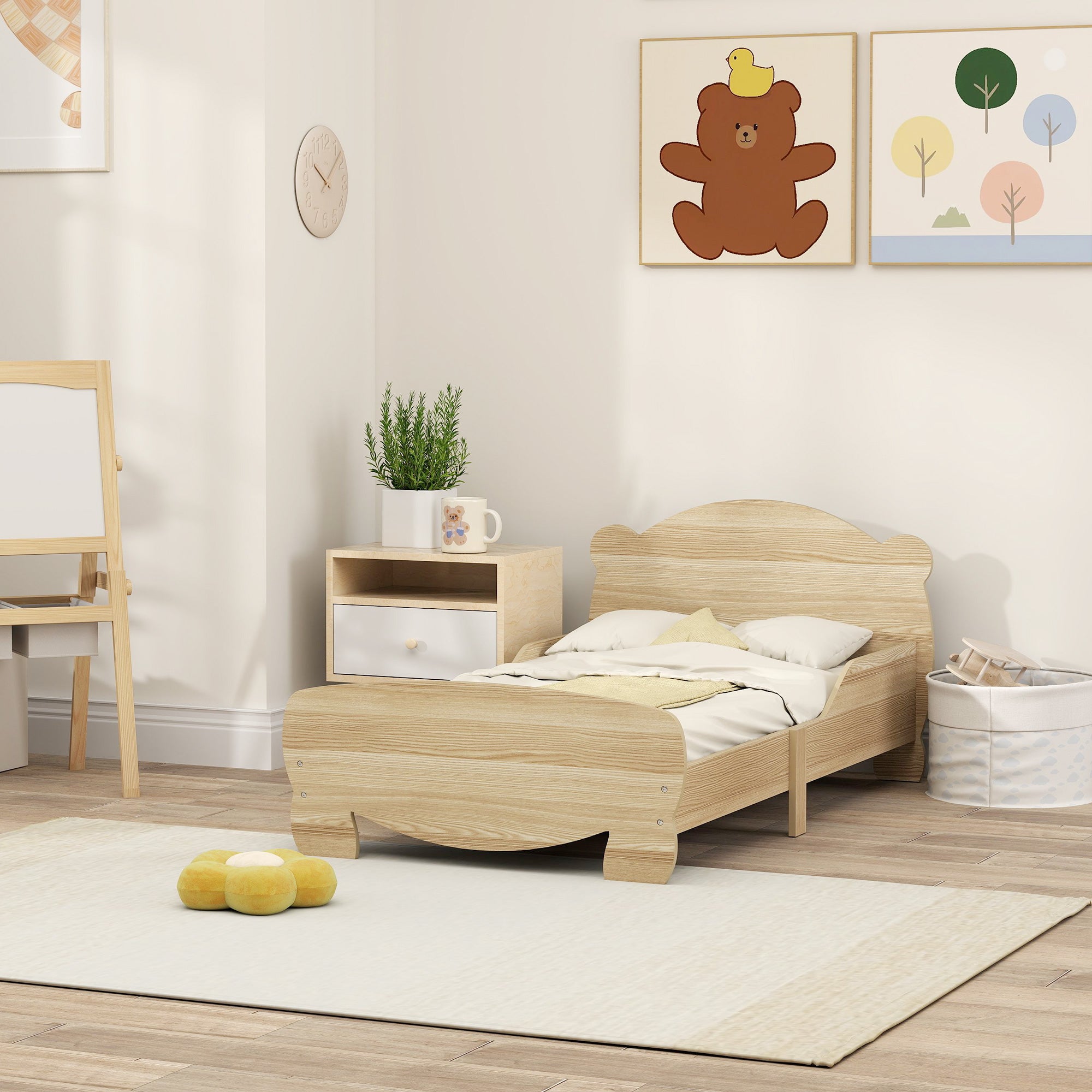Kids House Bed made of solid wood Children's bed with fall protection, play bed single bed with bear design for children's room natural wood