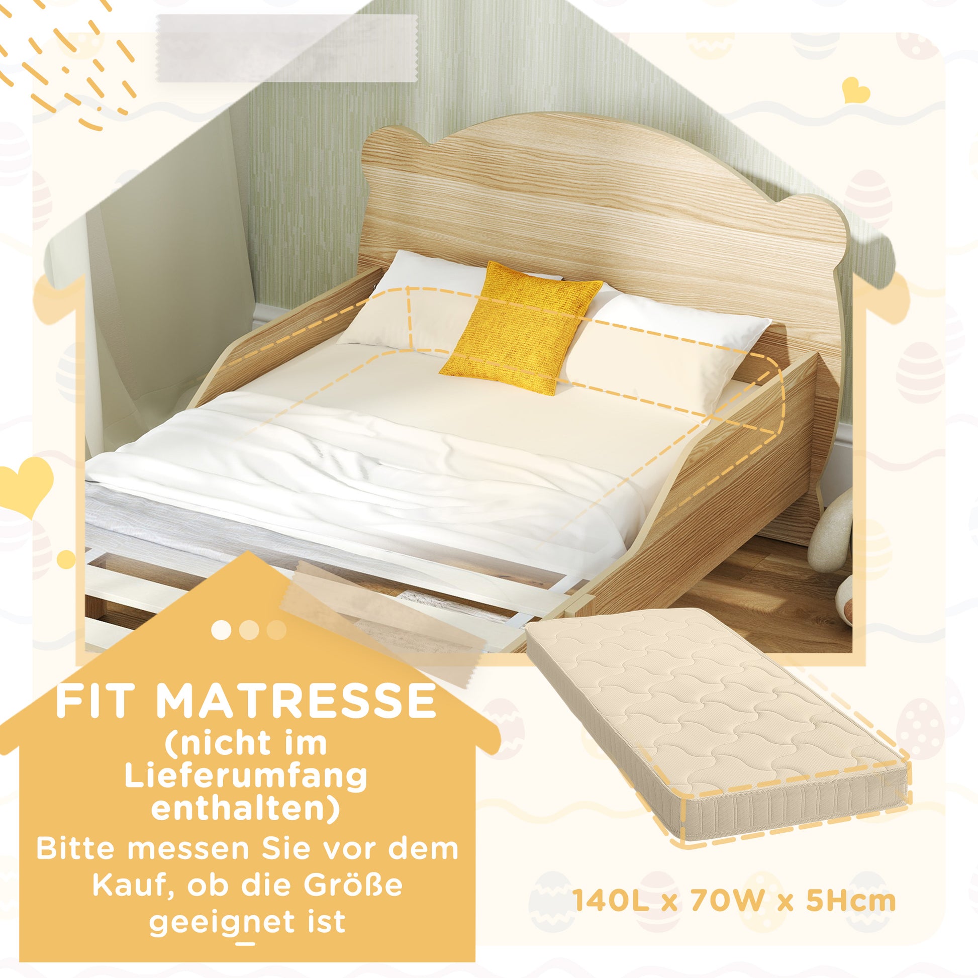 Kids House Bed made of solid wood Children's bed with fall protection, play bed single bed with bear design for children's room natural wood