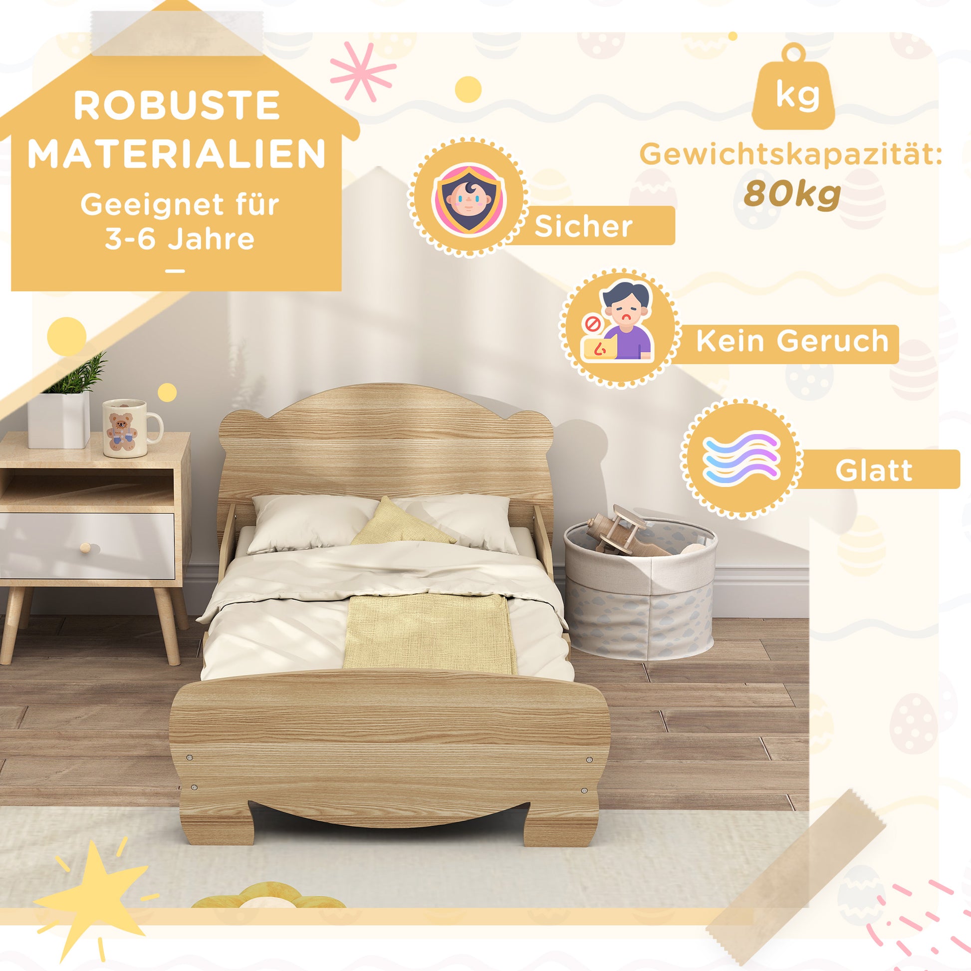 Kids House Bed made of solid wood Children's bed with fall protection, play bed single bed with bear design for children's room natural wood