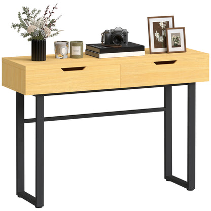 Narrow Console Table with 2 Drawers, Industrial Metal Frame, Natural – 110 × 35 × 76.5 cm (43.3″ × 13.8″ × 30.1″)