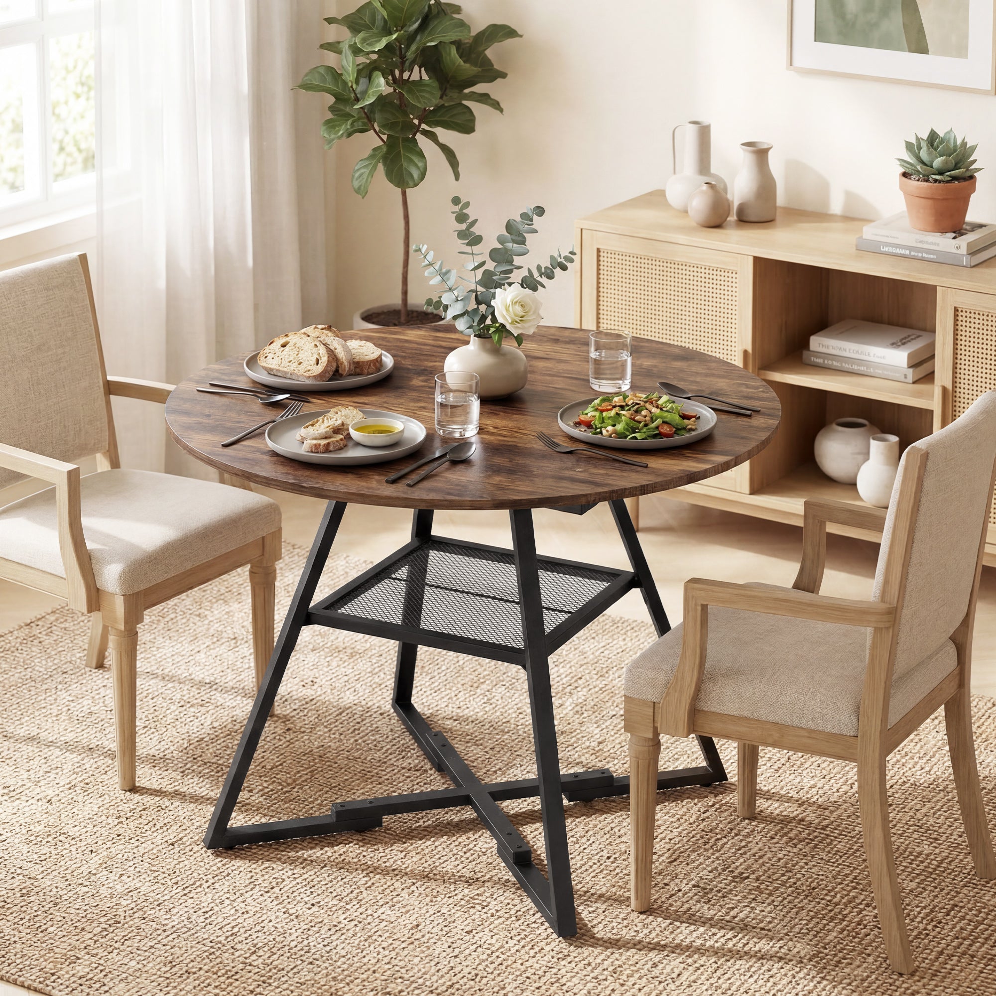 Round Dining Table for 4, 39.4" x 29.9", Industrial Kitchen Table with Large Top and Storage Shelf, Metal Frame, Rustic Brown