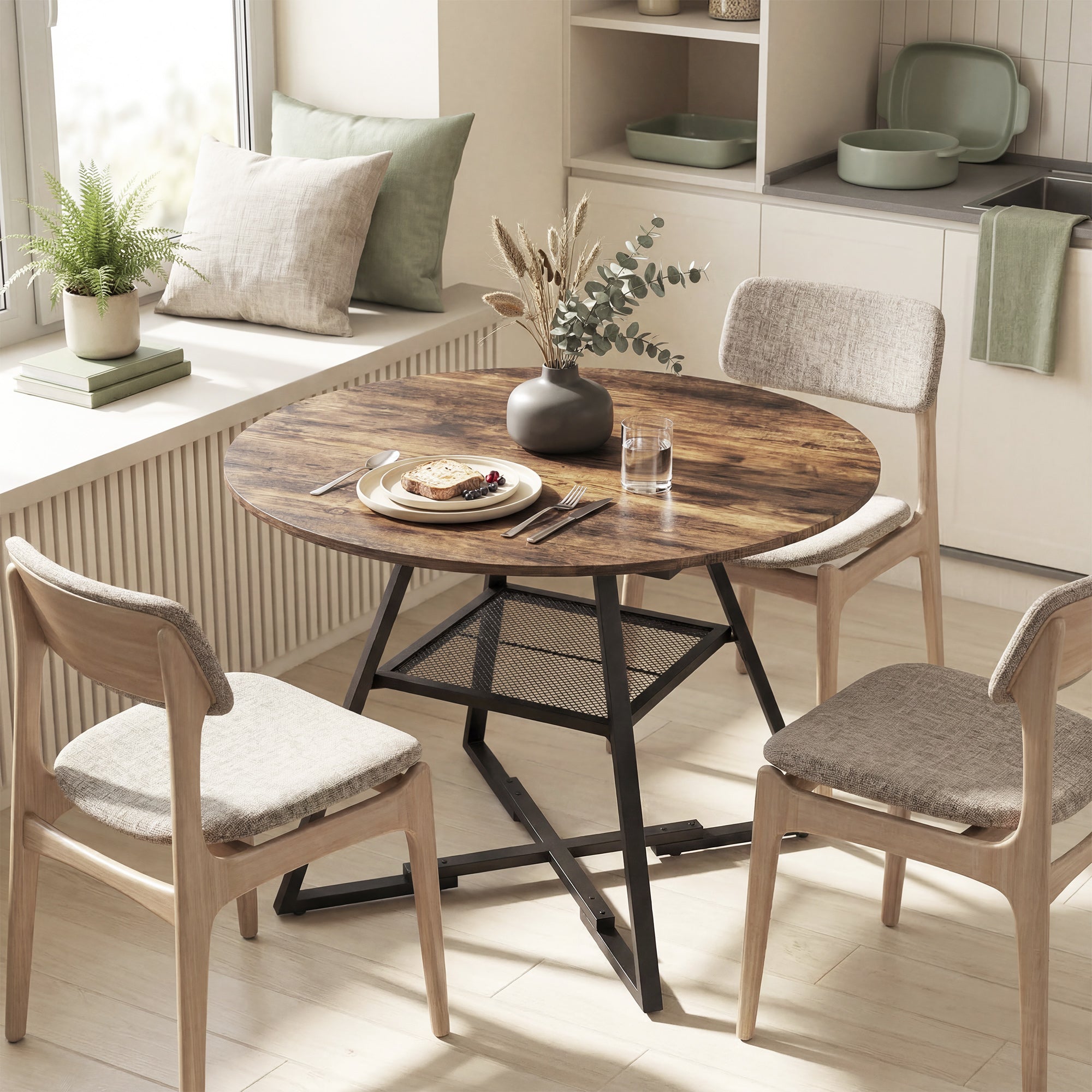 Round Dining Table for 4, 39.4" x 29.9", Industrial Kitchen Table with Large Top and Storage Shelf, Metal Frame, Rustic Brown