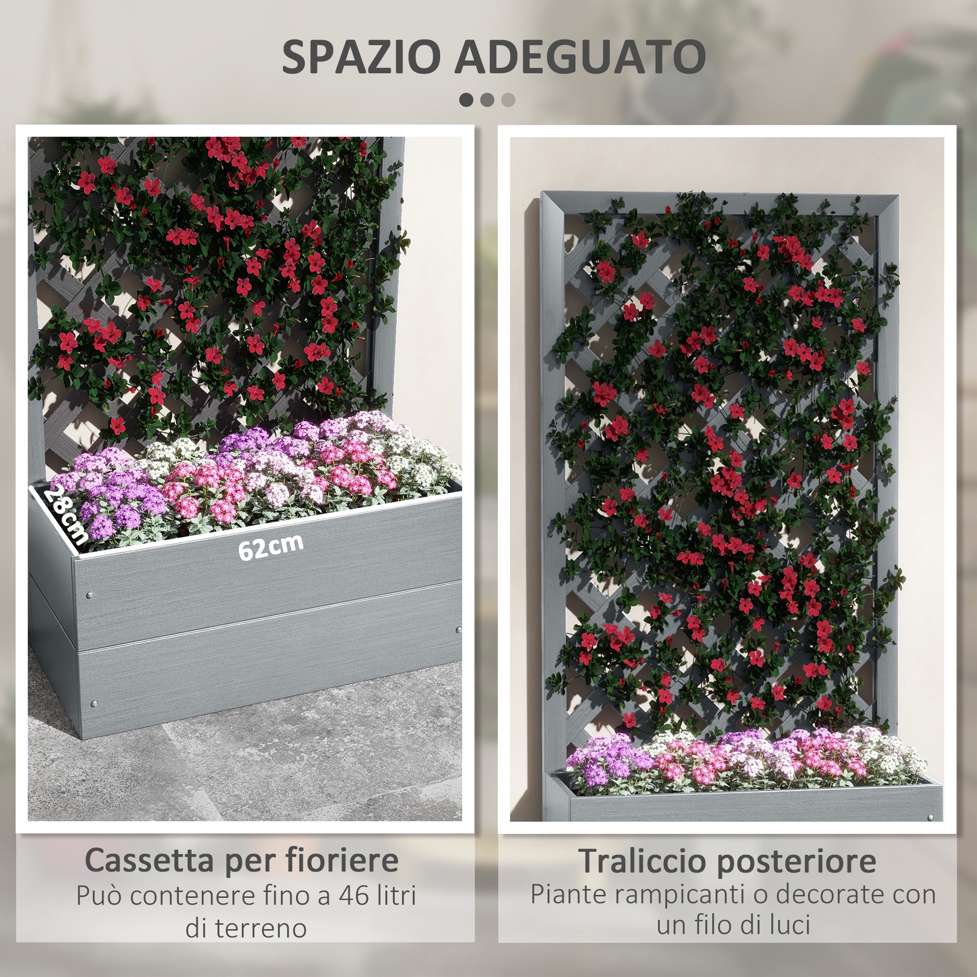 Planter with Back Trellis and Drainage Slot, Composite Wood Planter for Outdoor, 65x33.5x135 cm, Gray