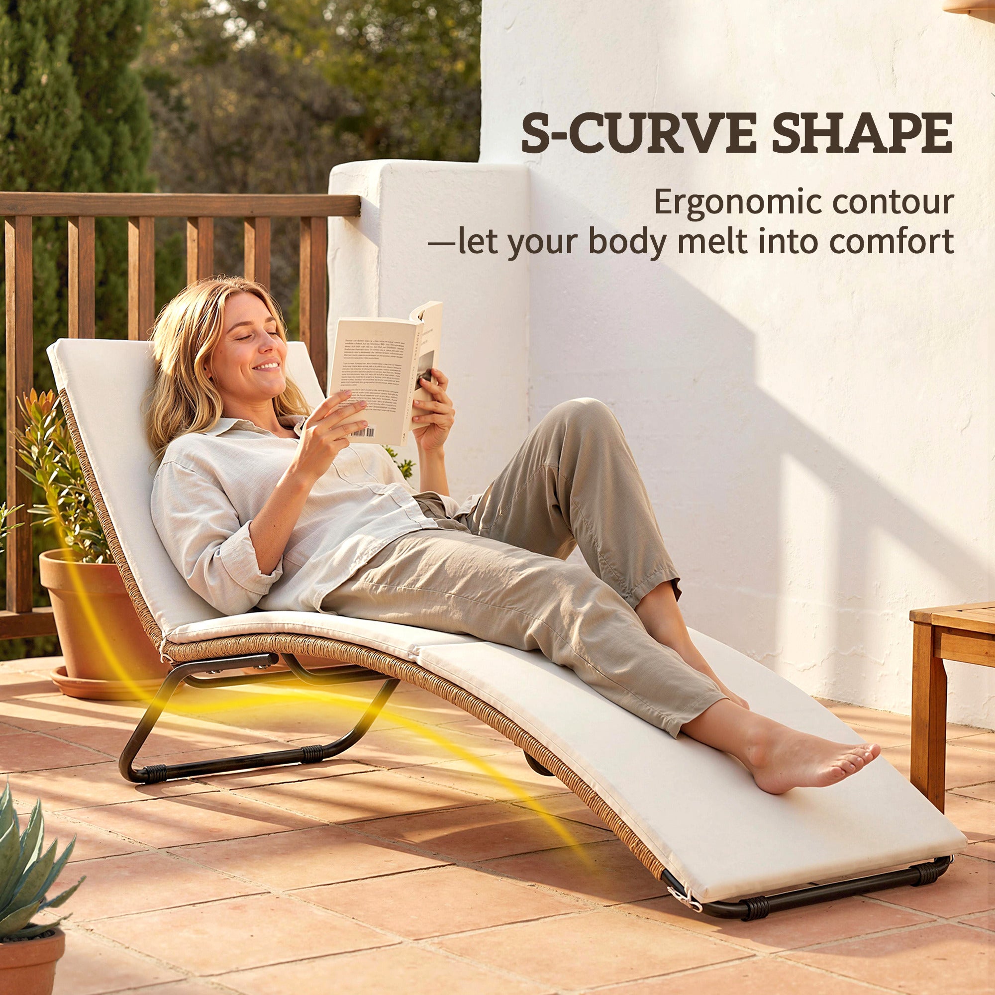 S-Shaped Poly Rattan Chaise Lounge with Cushion — Breathable Seat, Powder-Coated Steel Frame, UV-Resistant, Cream