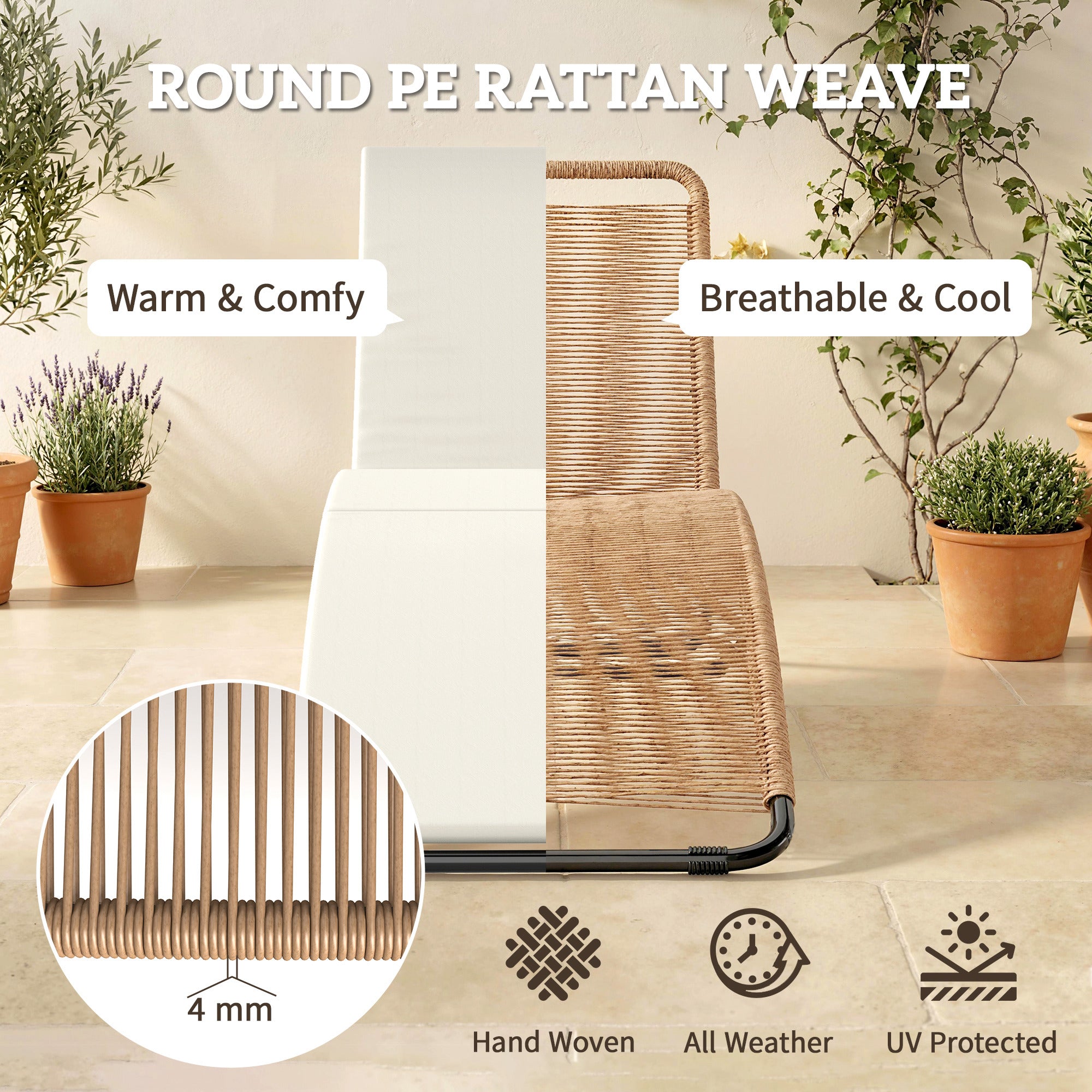 S-Shaped Poly Rattan Chaise Lounge with Cushion — Breathable Seat, Powder-Coated Steel Frame, UV-Resistant, Cream