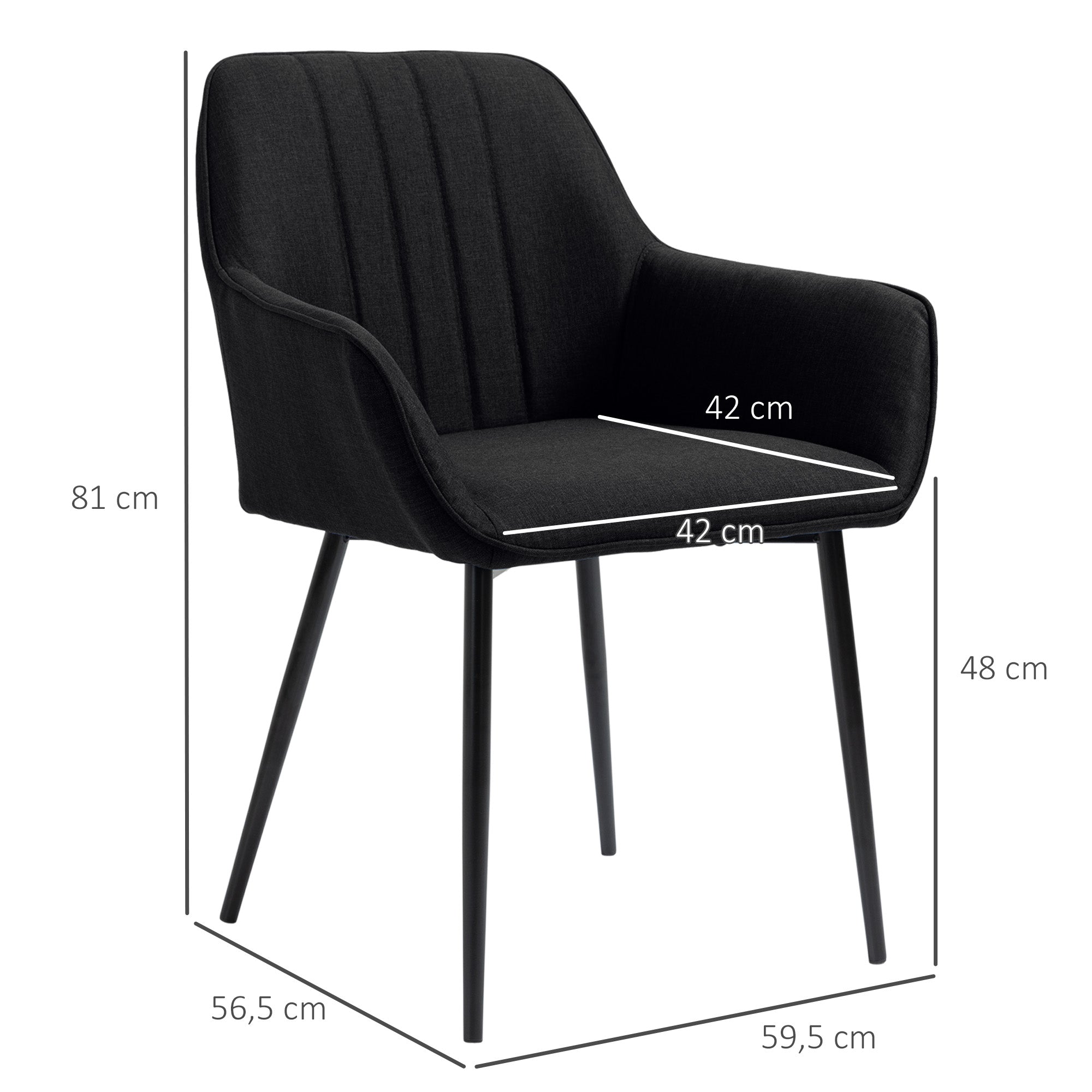 Scandinavian Design Dining Chairs Visitor Chairs - Set of 2 Chairs - Black Tapered Metal Legs - Linen Black Ergonomic Seat Backrest Armrests