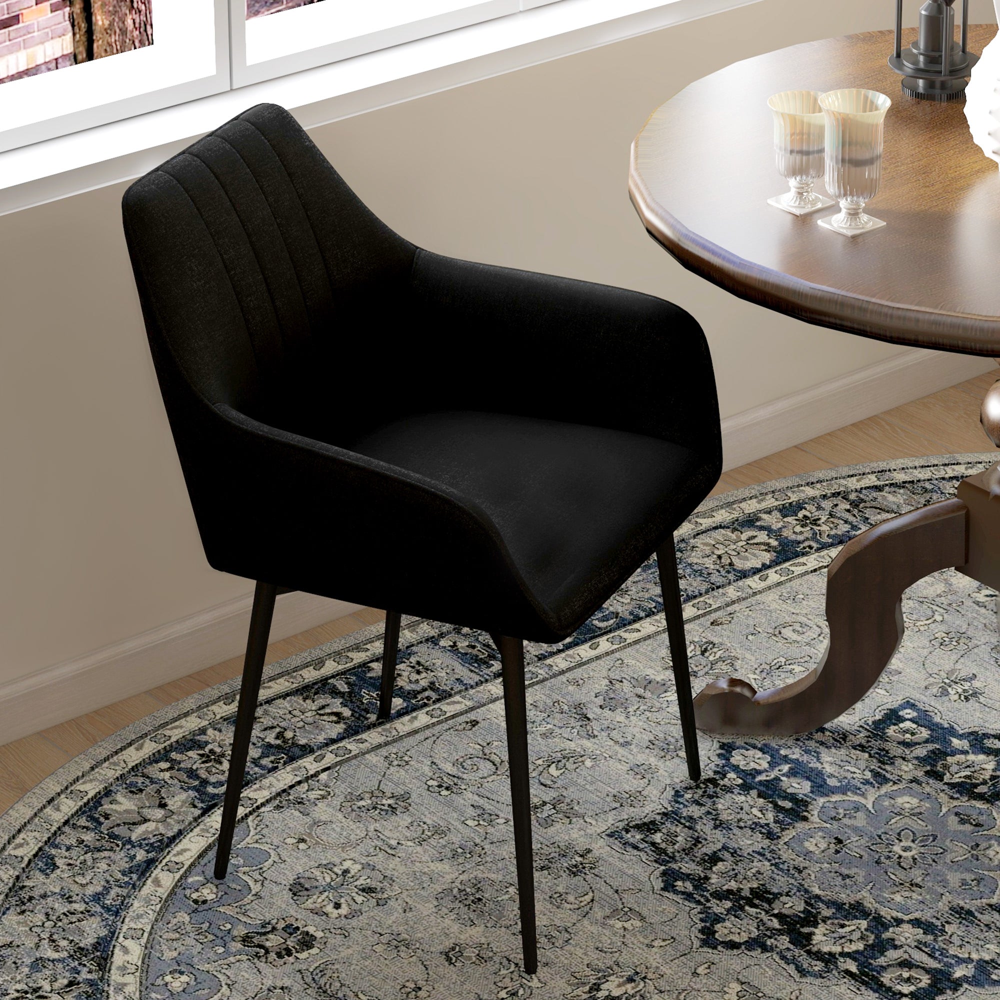 Scandinavian Design Dining Chairs Visitor Chairs - Set of 2 Chairs - Black Tapered Metal Legs - Linen Black Ergonomic Seat Backrest Armrests
