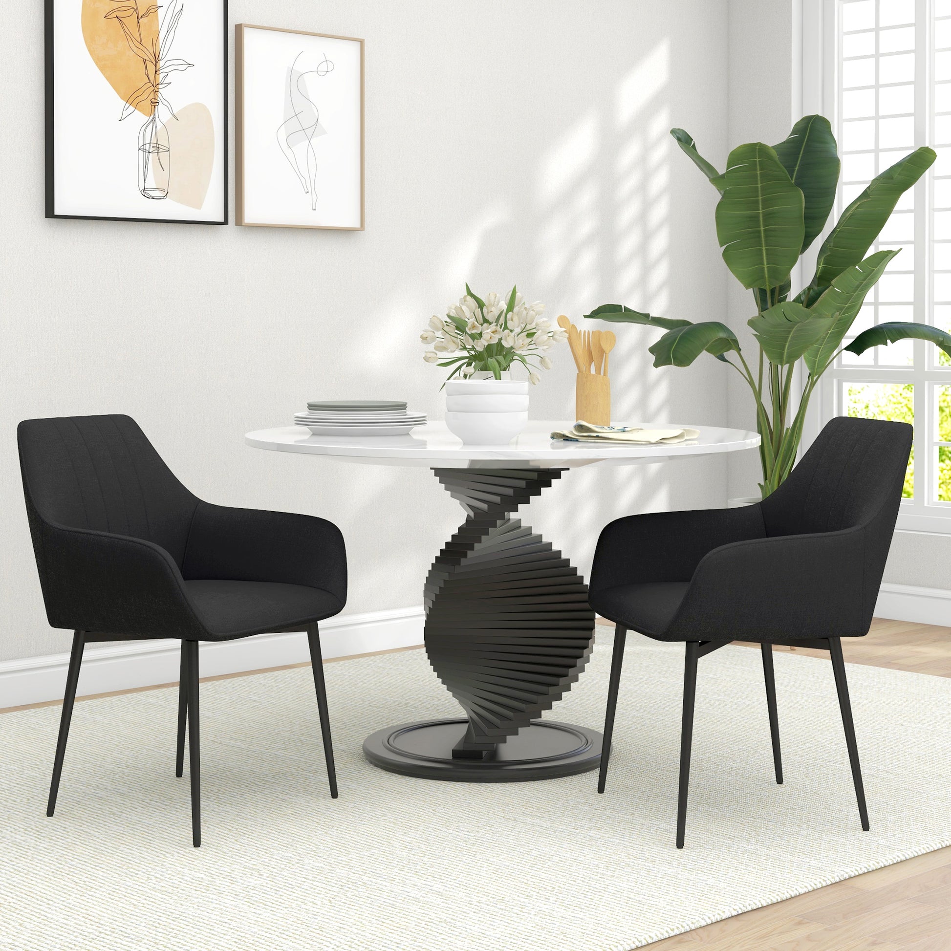 Scandinavian Design Dining Chairs Visitor Chairs - Set of 2 Chairs - Black Tapered Metal Legs - Linen Black Ergonomic Seat Backrest Armrests