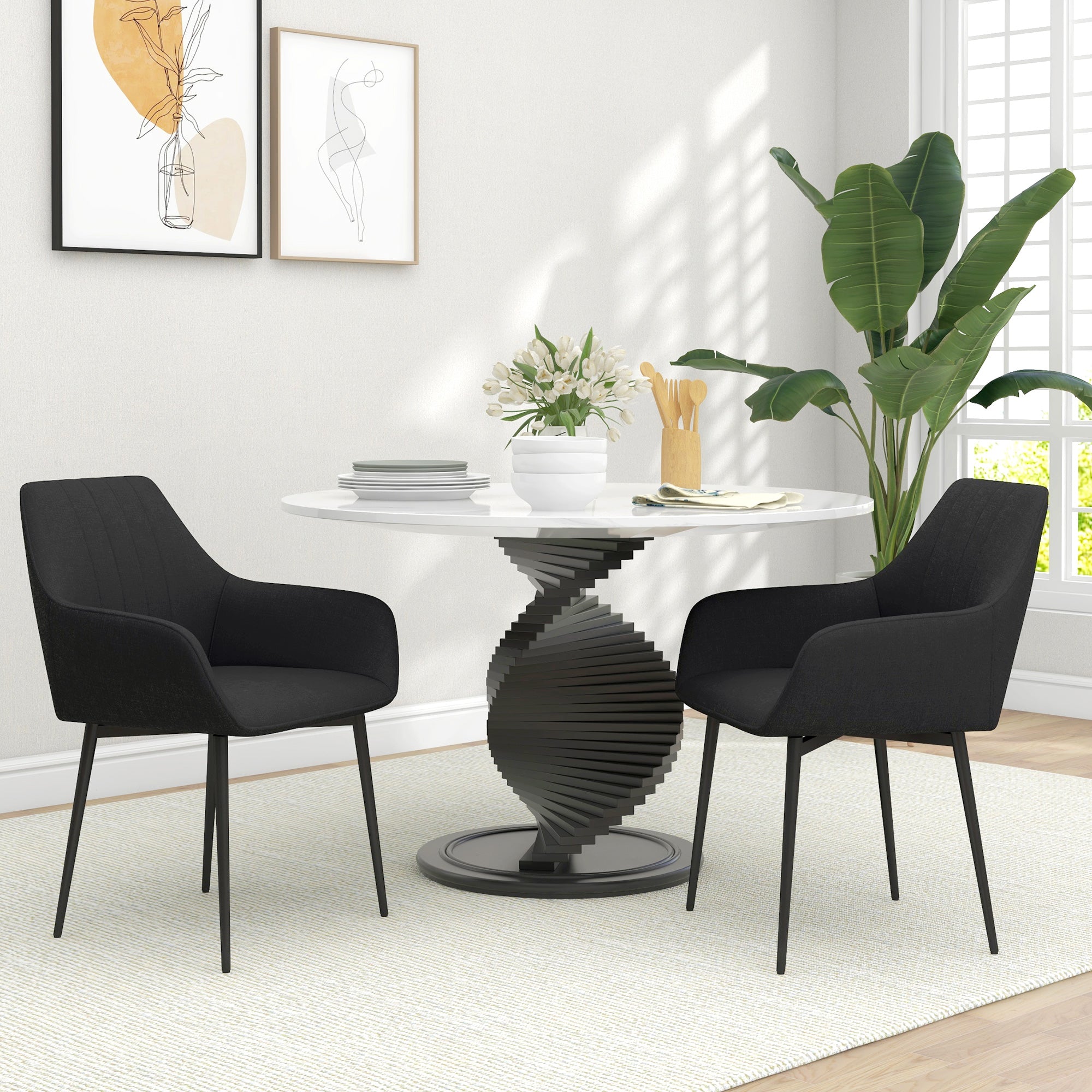Scandinavian Design Dining Chairs Visitor Chairs - Set of 2 Chairs - Black Tapered Metal Legs - Linen Black Ergonomic Seat Backrest Armrests
