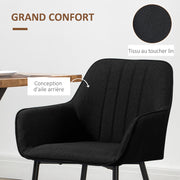 Scandinavian Design Dining Chairs Visitor Chairs - Set of 2 Chairs - Black Tapered Metal Legs - Linen Black Ergonomic Seat Backrest Armrests