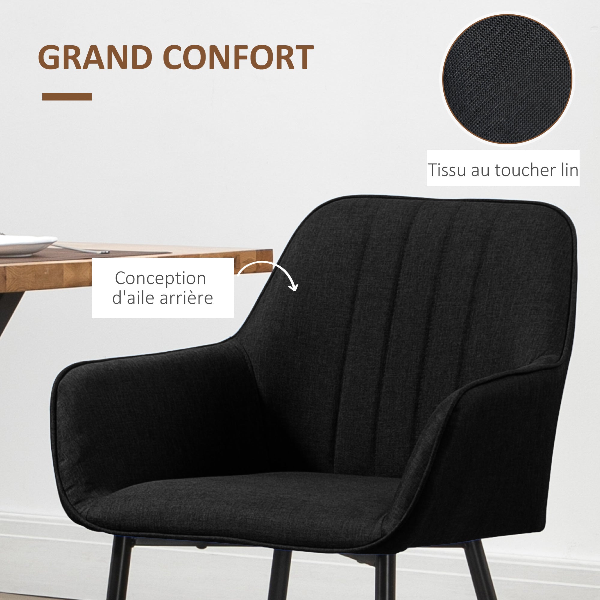 Scandinavian Design Dining Chairs Visitor Chairs - Set of 2 Chairs - Black Tapered Metal Legs - Linen Black Ergonomic Seat Backrest Armrests