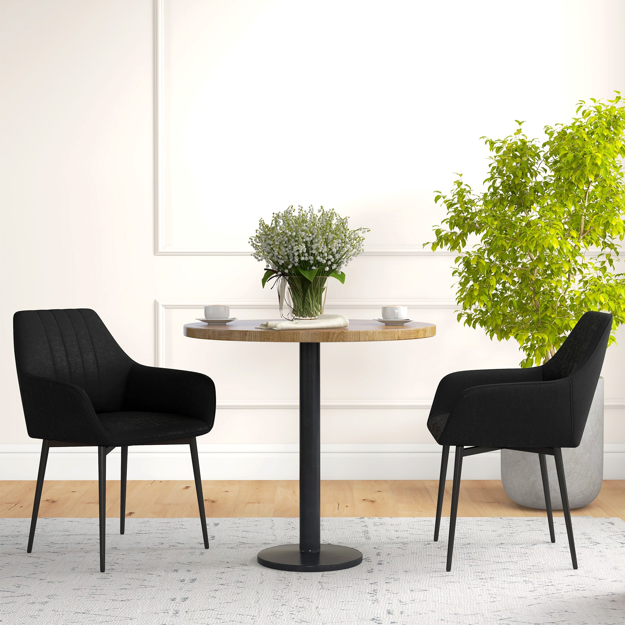 Scandinavian Design Dining Chairs Visitor Chairs - Set of 2 Chairs - Black Tapered Metal Legs - Linen Black Ergonomic Seat Backrest Armrests