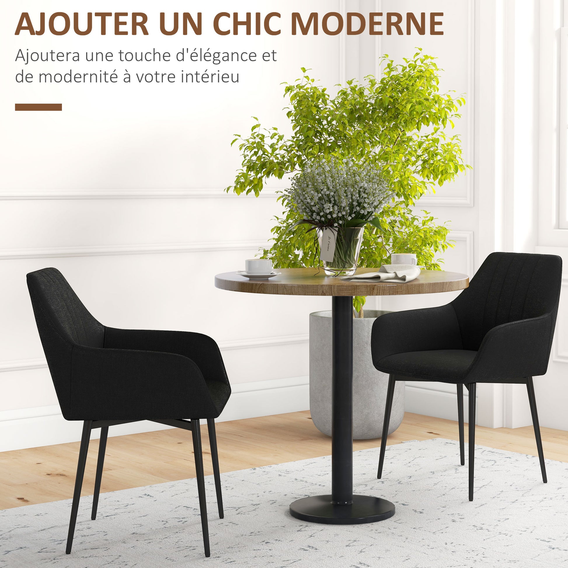 Scandinavian Design Dining Chairs Visitor Chairs - Set of 2 Chairs - Black Tapered Metal Legs - Linen Black Ergonomic Seat Backrest Armrests