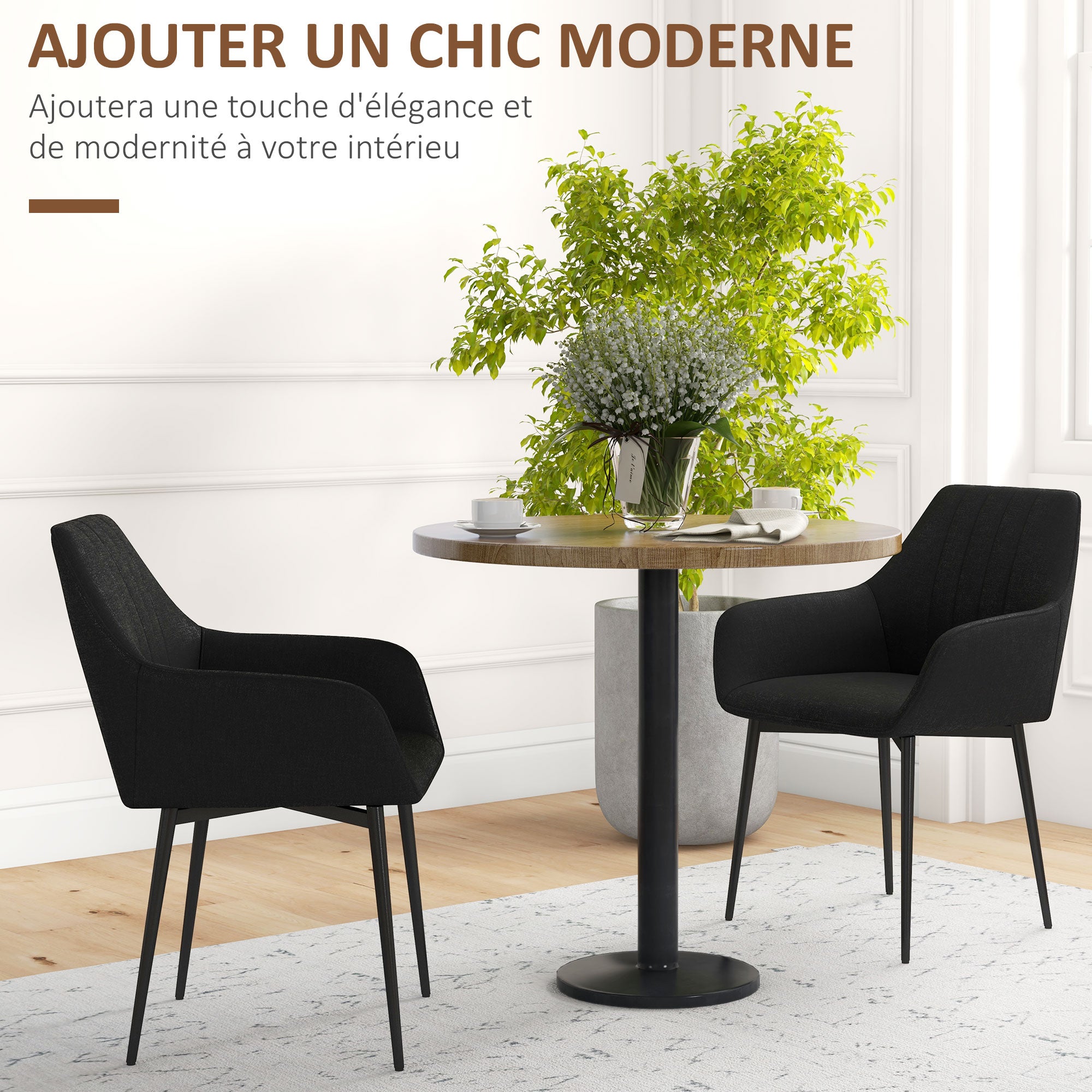 Scandinavian Design Dining Chairs Visitor Chairs - Set of 2 Chairs - Black Tapered Metal Legs - Linen Black Ergonomic Seat Backrest Armrests