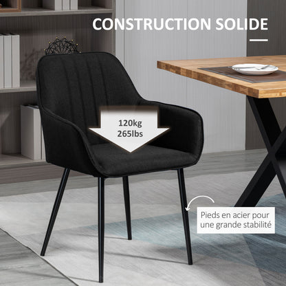 Scandinavian Design Dining Chairs Visitor Chairs - Set of 2 Chairs - Black Tapered Metal Legs - Linen Black Ergonomic Seat Backrest Armrests