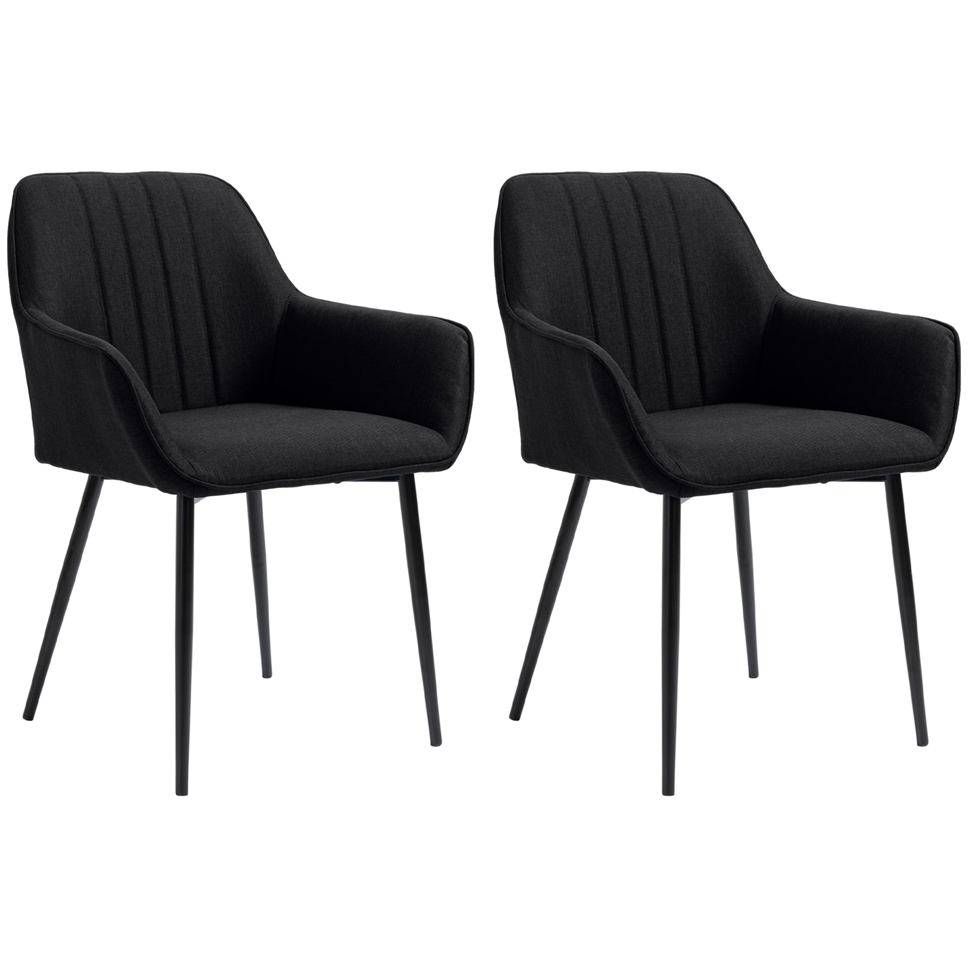 Scandinavian Design Dining Chairs Visitor Chairs - Set of 2 Chairs - Black Tapered Metal Legs - Linen Black Ergonomic Seat Backrest Armrests