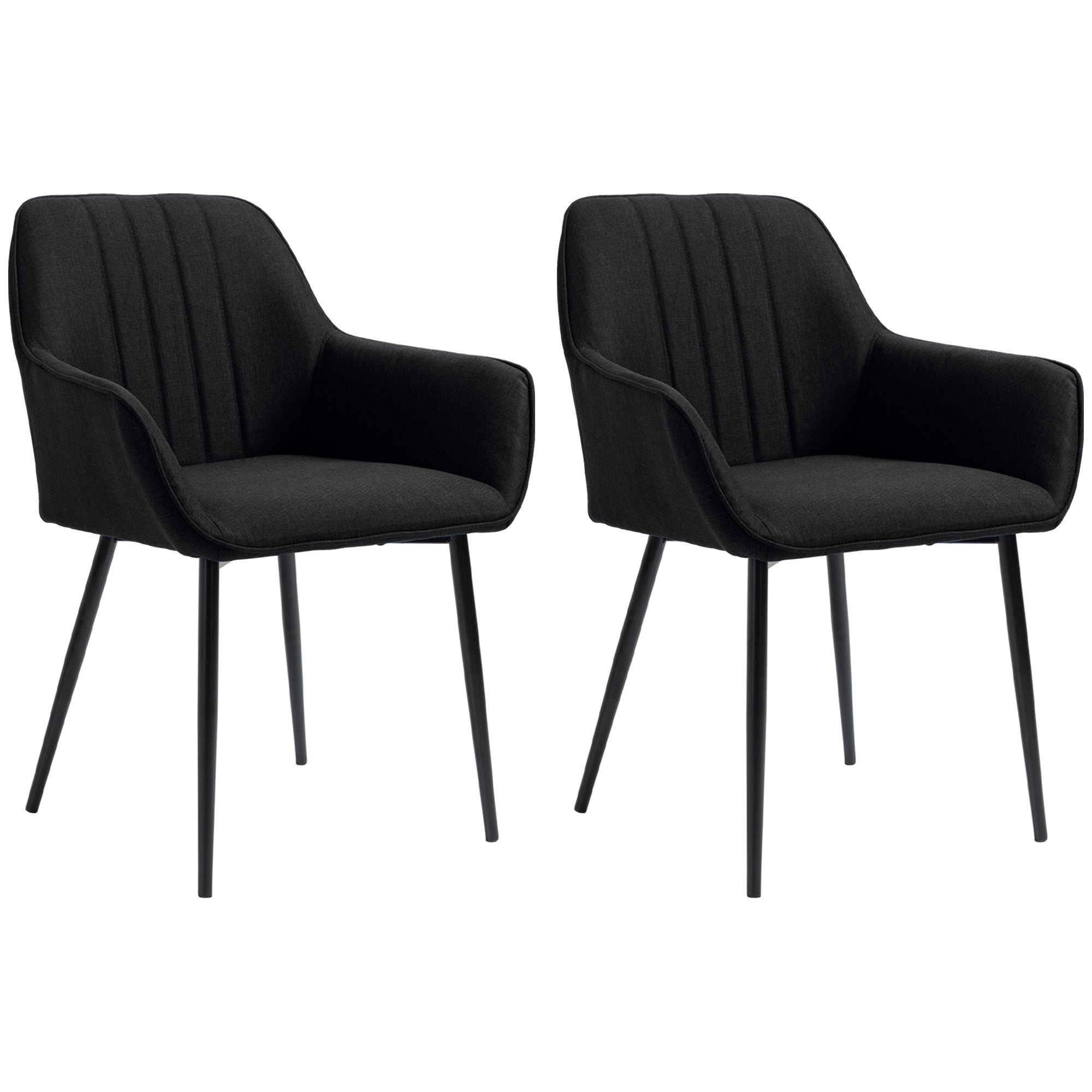 Scandinavian Design Dining Chairs Visitor Chairs - Set of 2 Chairs - Black Tapered Metal Legs - Linen Black Ergonomic Seat Backrest Armrests