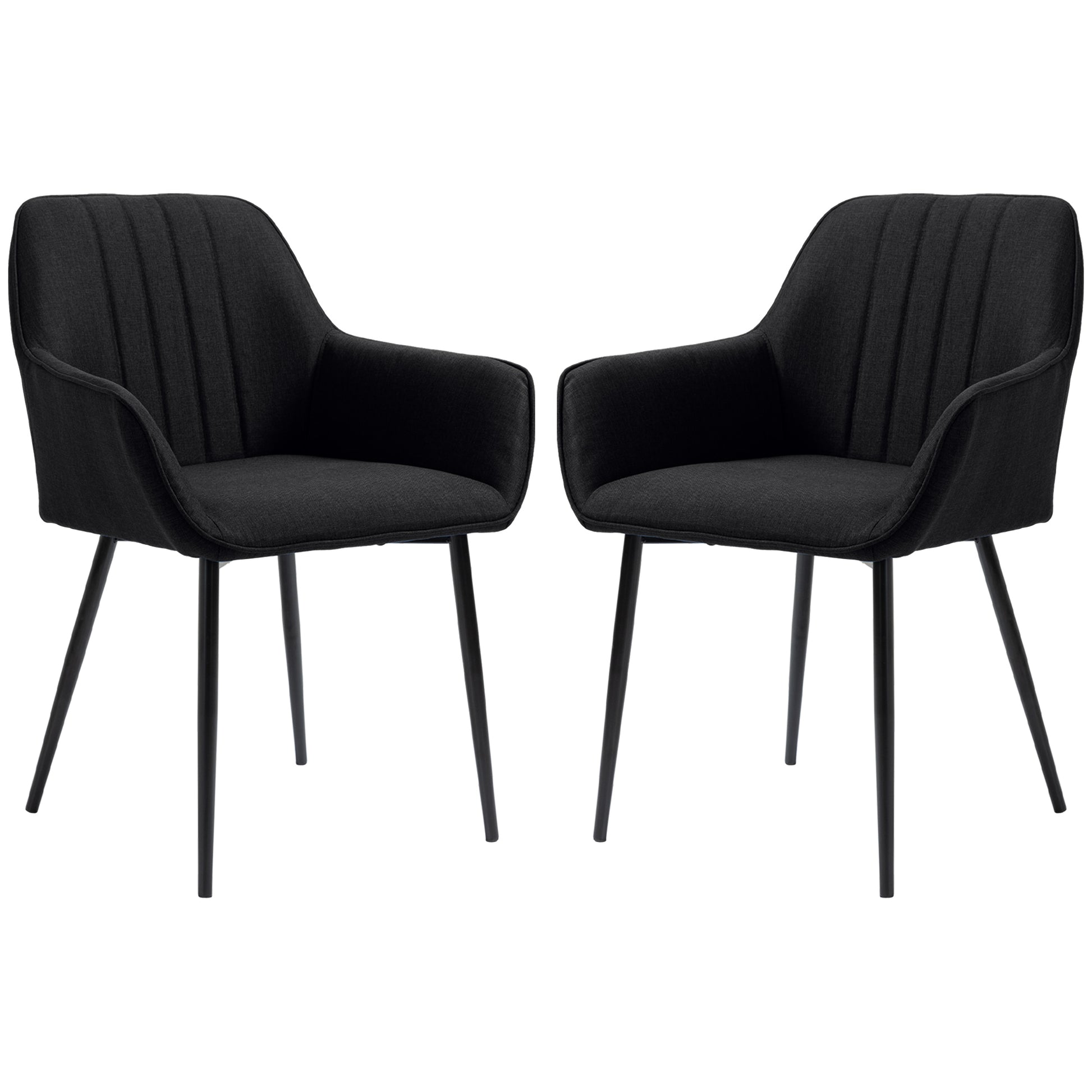 Scandinavian Design Dining Chairs Visitor Chairs - Set of 2 Chairs - Black Tapered Metal Legs - Linen Black Ergonomic Seat Backrest Armrests