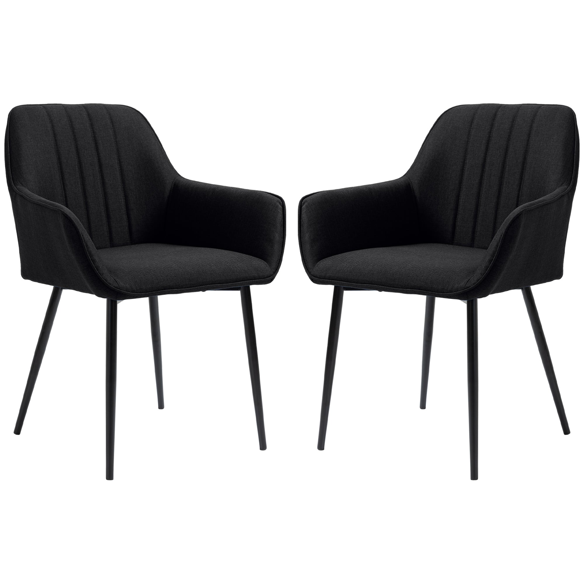 Scandinavian Design Dining Chairs Visitor Chairs - Set of 2 Chairs - Black Tapered Metal Legs - Linen Black Ergonomic Seat Backrest Armrests