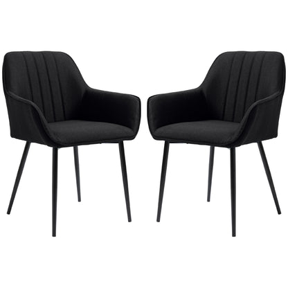 Scandinavian Design Dining Chairs Visitor Chairs - Set of 2 Chairs - Black Tapered Metal Legs - Linen Black Ergonomic Seat Backrest Armrests