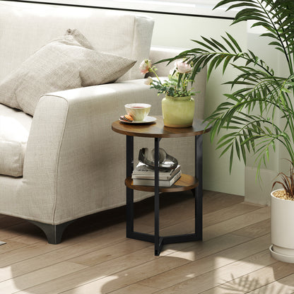 Round Side Table, Industrial Coffee Table with Storage Shelves and Steel Frame, End Table for Living Room, Bedroom, Ø 40 x 48 cm, Brown