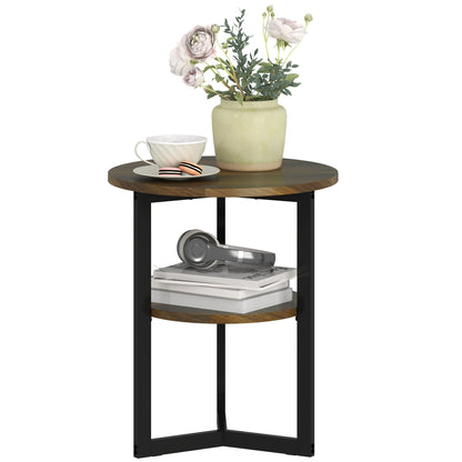 Round Side Table, Industrial Coffee Table with Storage Shelves and Steel Frame, End Table for Living Room, Bedroom, Ø 40 x 48 cm, Brown