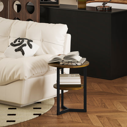 Round Side Table, Industrial Coffee Table with Storage Shelves and Steel Frame, End Table for Living Room, Bedroom, Ø 40 x 48 cm, Brown