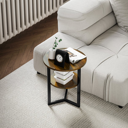 Round Side Table, Industrial Coffee Table with Storage Shelves and Steel Frame, End Table for Living Room, Bedroom, Ø 40 x 48 cm, Brown