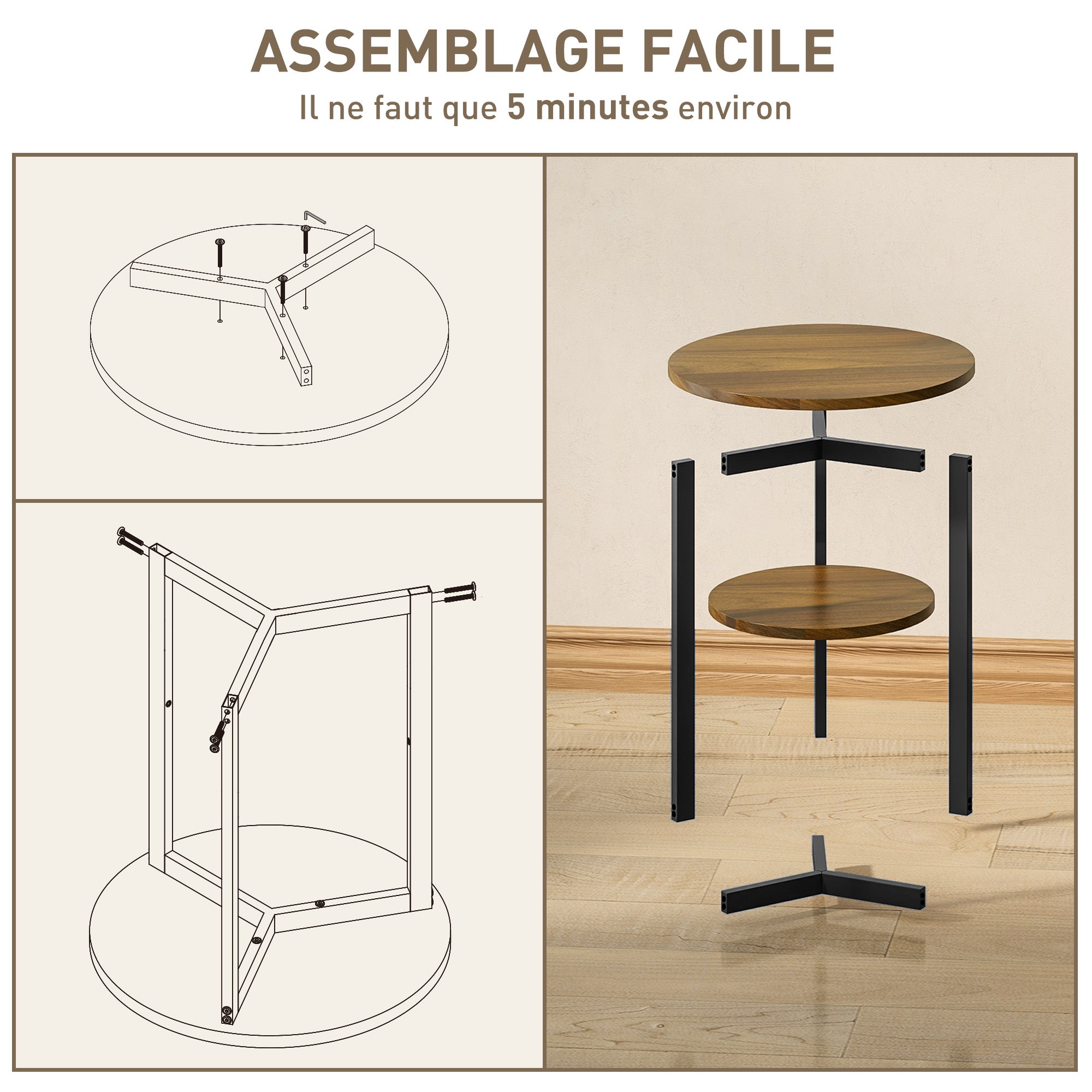 Round Side Table, Industrial Coffee Table with Storage Shelves and Steel Frame, End Table for Living Room, Bedroom, Ø 40 x 48 cm, Brown