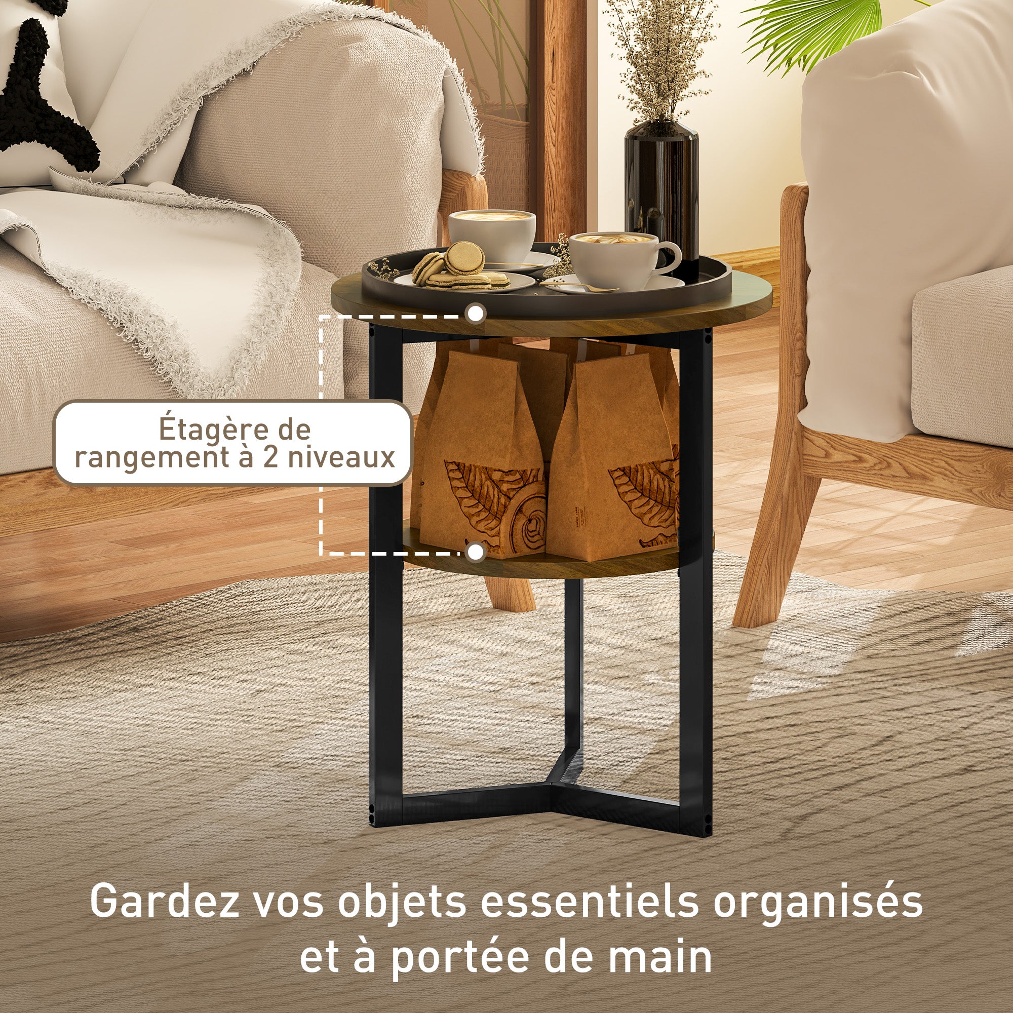 Round Side Table, Industrial Coffee Table with Storage Shelves and Steel Frame, End Table for Living Room, Bedroom, Ø 40 x 48 cm, Brown