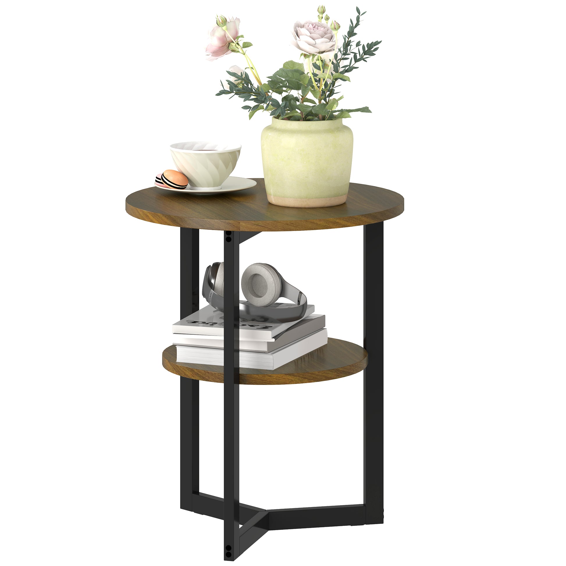 Round Side Table, Industrial Coffee Table with Storage Shelves and Steel Frame, End Table for Living Room, Bedroom, Ø 40 x 48 cm, Brown