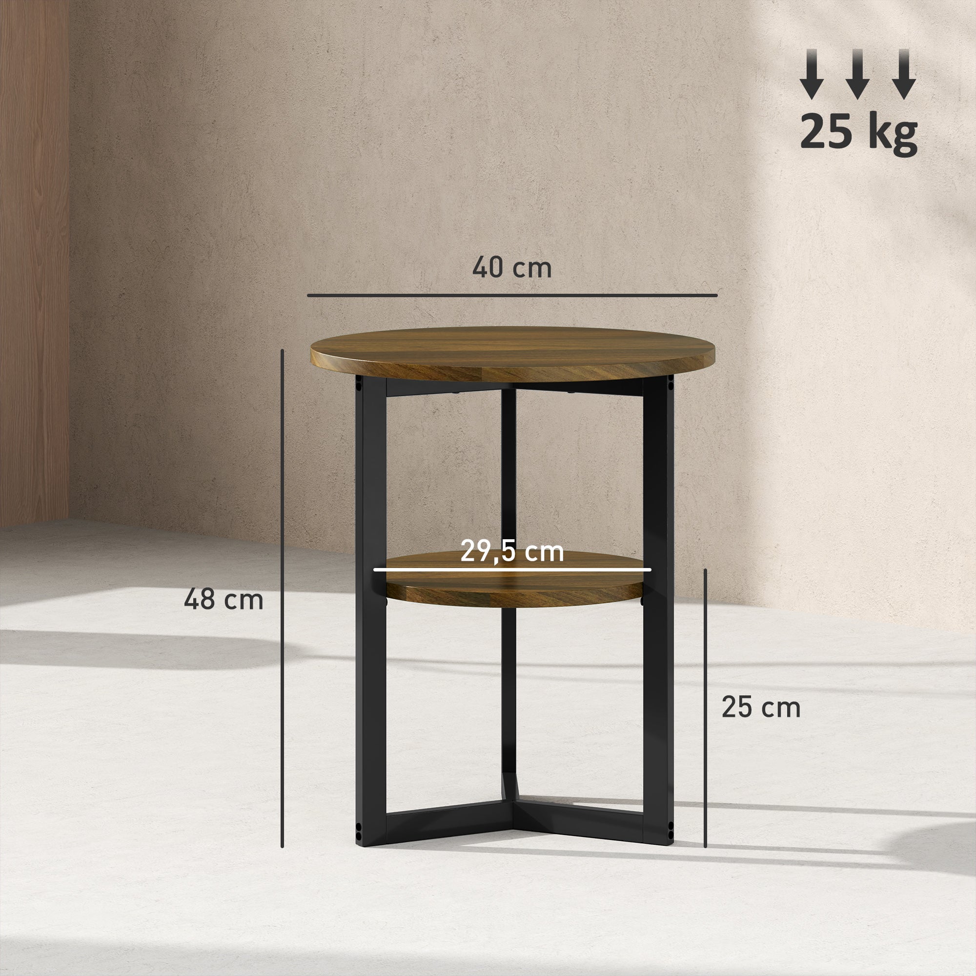 Round Side Table, Industrial Coffee Table with Storage Shelves and Steel Frame, End Table for Living Room, Bedroom, Ø 40 x 48 cm, Brown
