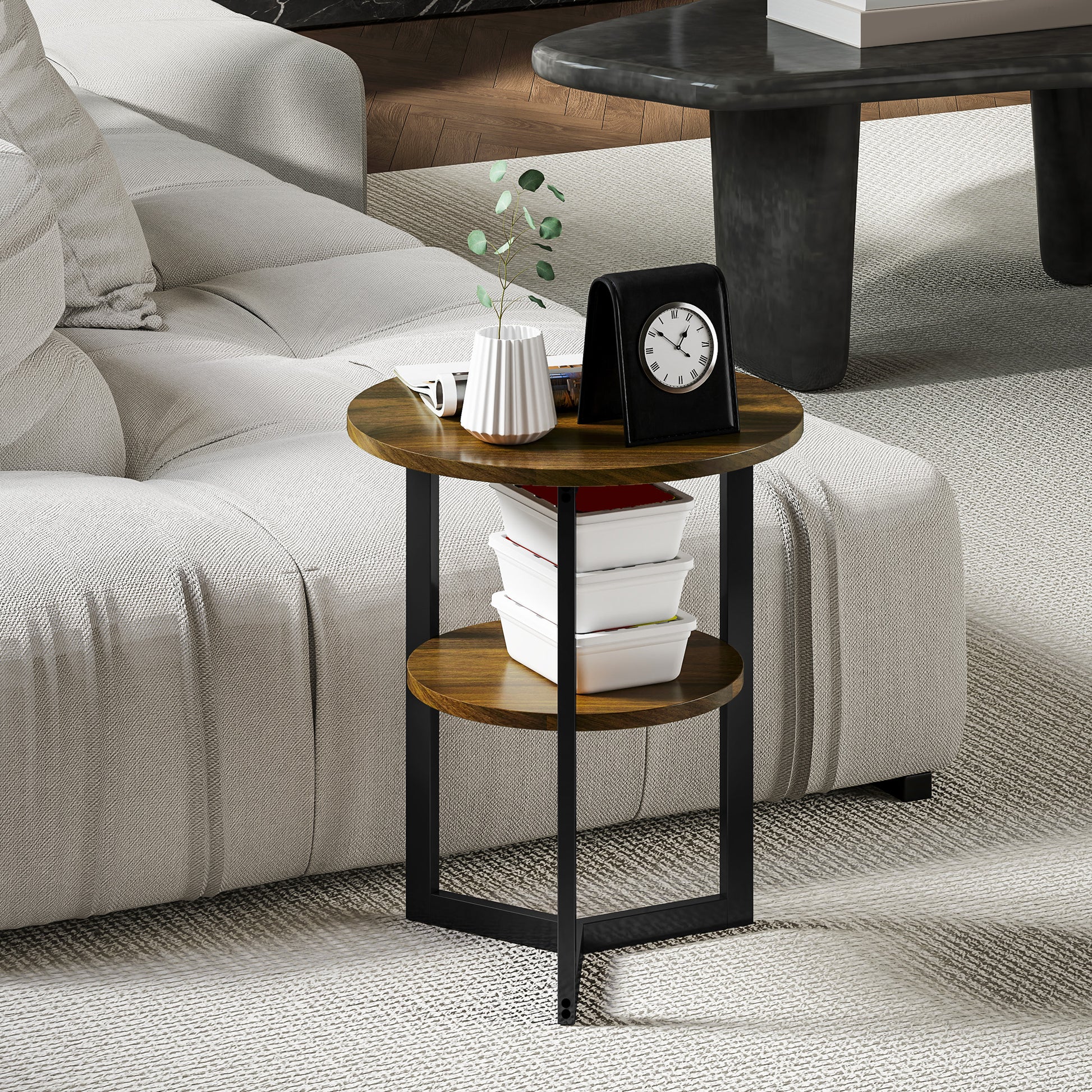 Round Side Table, Industrial Coffee Table with Storage Shelves and Steel Frame, End Table for Living Room, Bedroom, Ø 40 x 48 cm, Brown