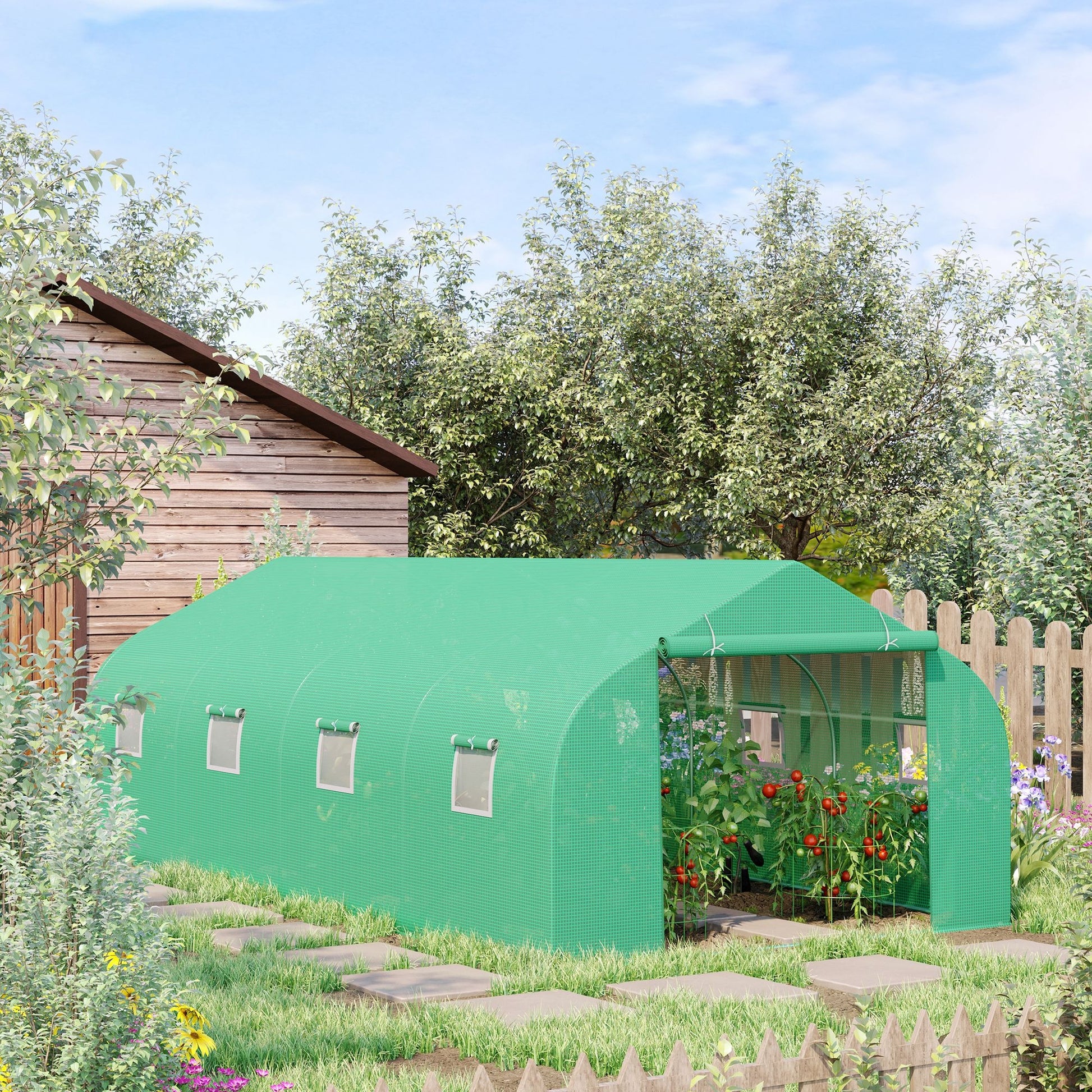 Garden Greenhouse 6x3x2 m Tunnel Type for Growing Plants Vegetables with 8 Breathable Windows and Roll-Up Zippered Door Steel Green