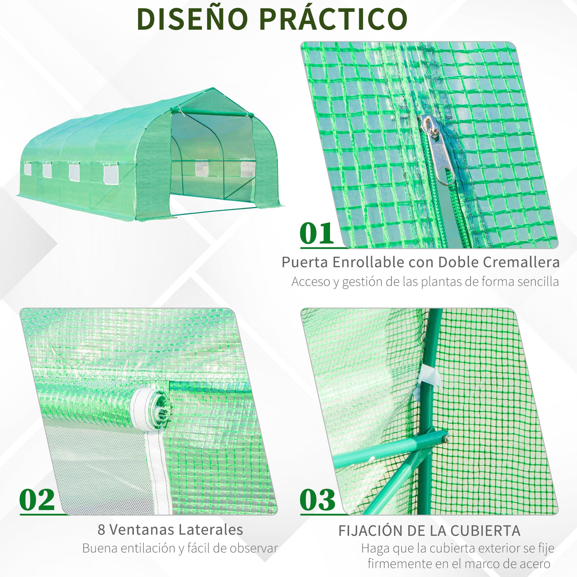 Garden Greenhouse 6x3x2 m Tunnel Type for Growing Plants Vegetables with 8 Breathable Windows and Roll-Up Zippered Door Steel Green