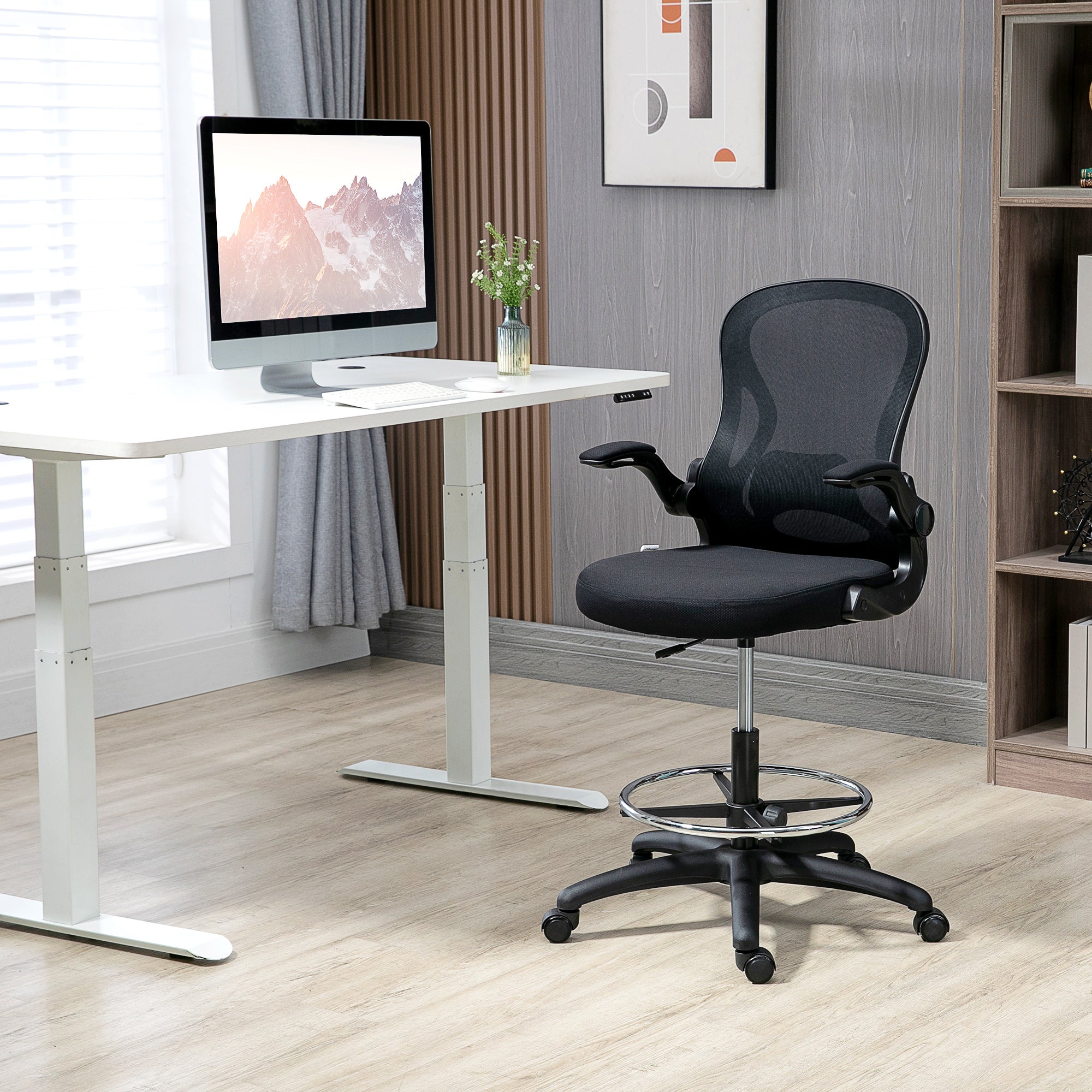Drafting Chair Swivel Office Chair High Back Mid-Back Lumbar Support Flip-Up Armrests Adjustable Height Load 120 kg 59x65x102-122 cm Black