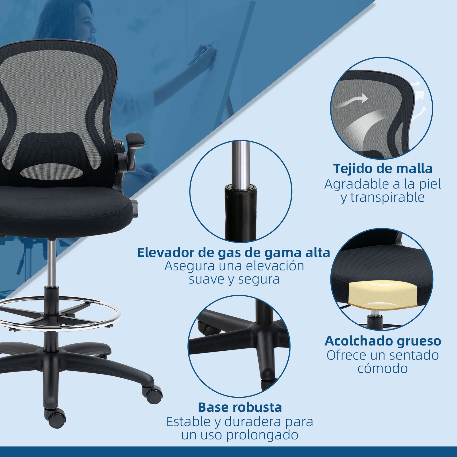 Drafting Chair Swivel Office Chair High Back Mid-Back Lumbar Support Flip-Up Armrests Adjustable Height Load 120 kg 59x65x102-122 cm Black