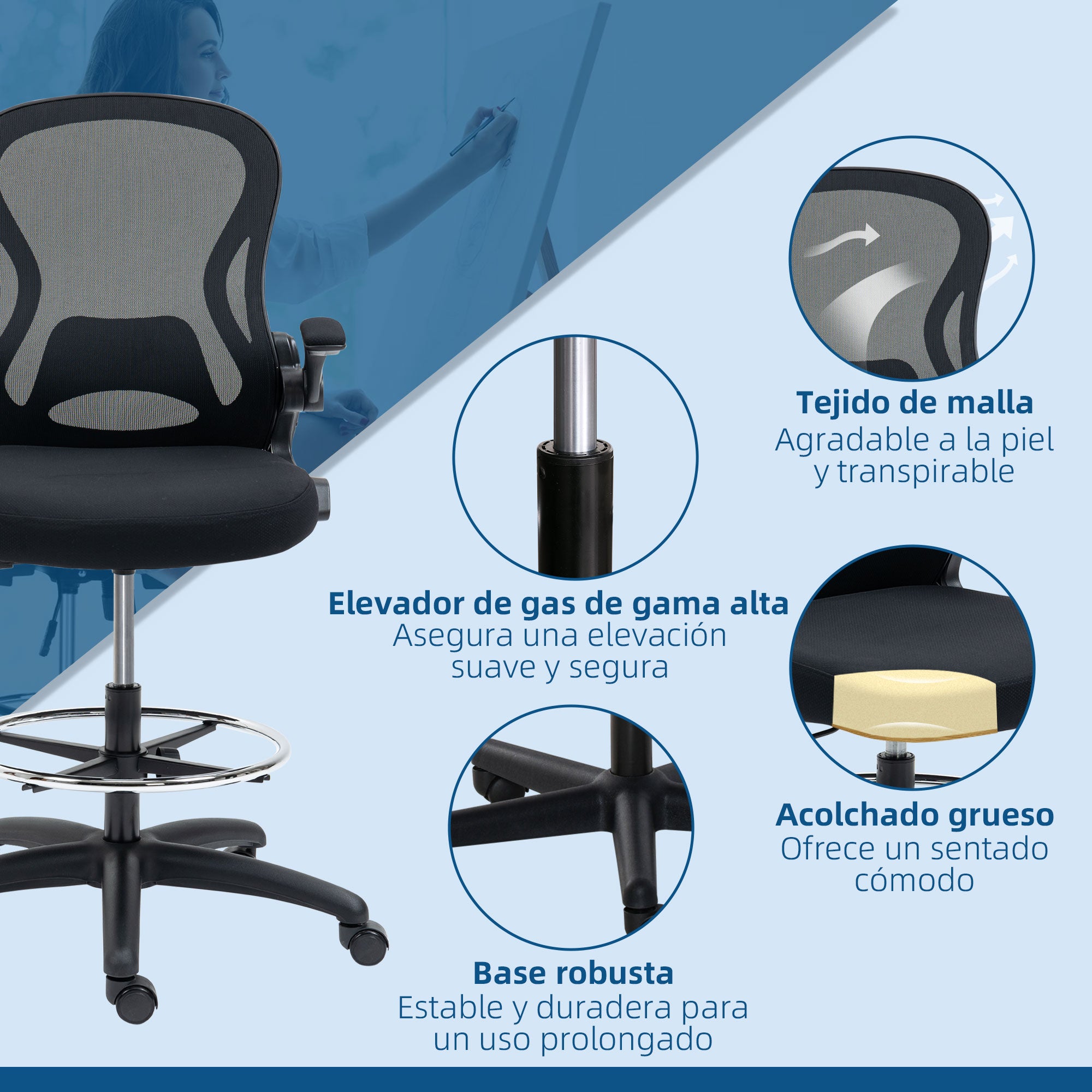 Drafting Chair Swivel Office Chair High Back Mid-Back Lumbar Support Flip-Up Armrests Adjustable Height Load 120 kg 59x65x102-122 cm Black