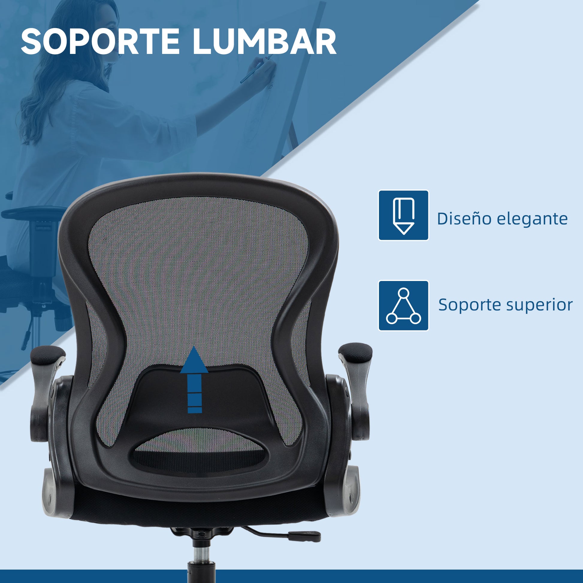 Drafting Chair Swivel Office Chair High Back Mid-Back Lumbar Support Flip-Up Armrests Adjustable Height Load 120 kg 59x65x102-122 cm Black