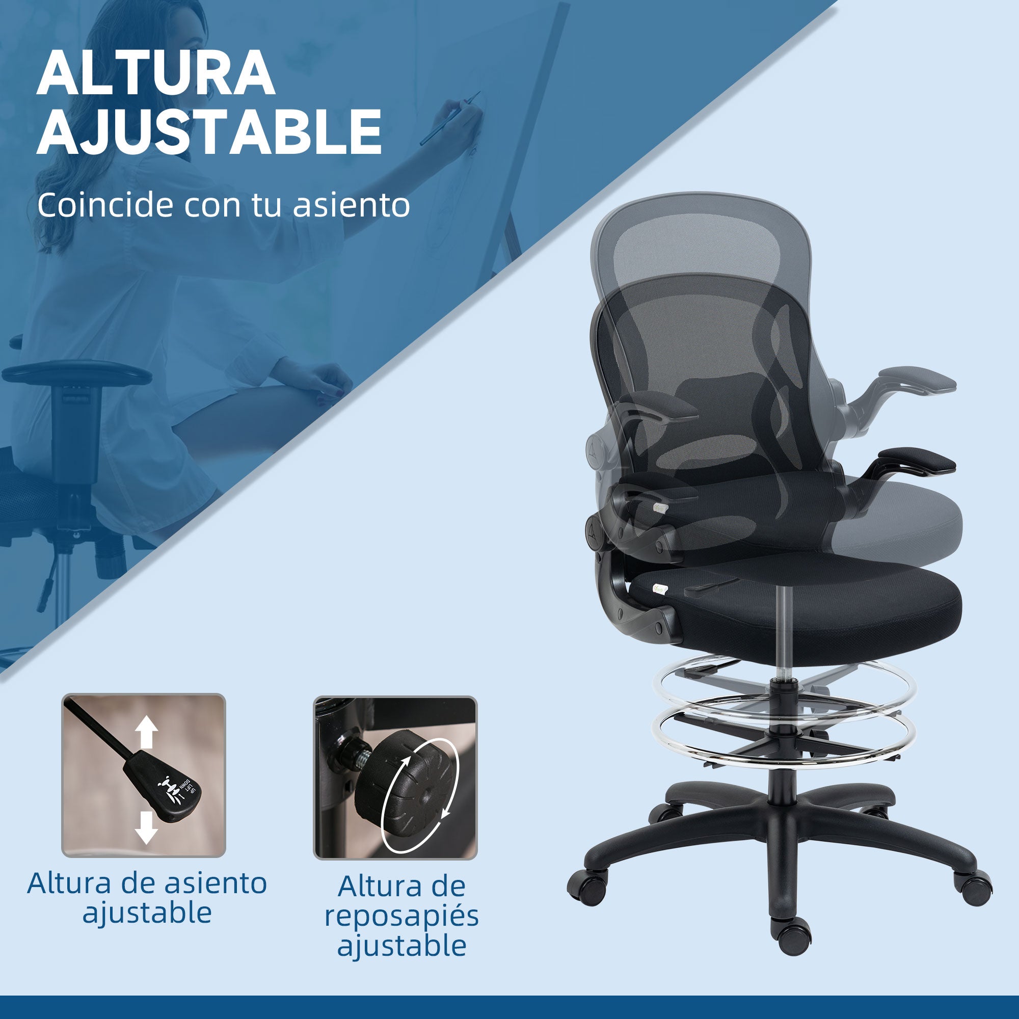 Drafting Chair Swivel Office Chair High Back Mid-Back Lumbar Support Flip-Up Armrests Adjustable Height Load 120 kg 59x65x102-122 cm Black