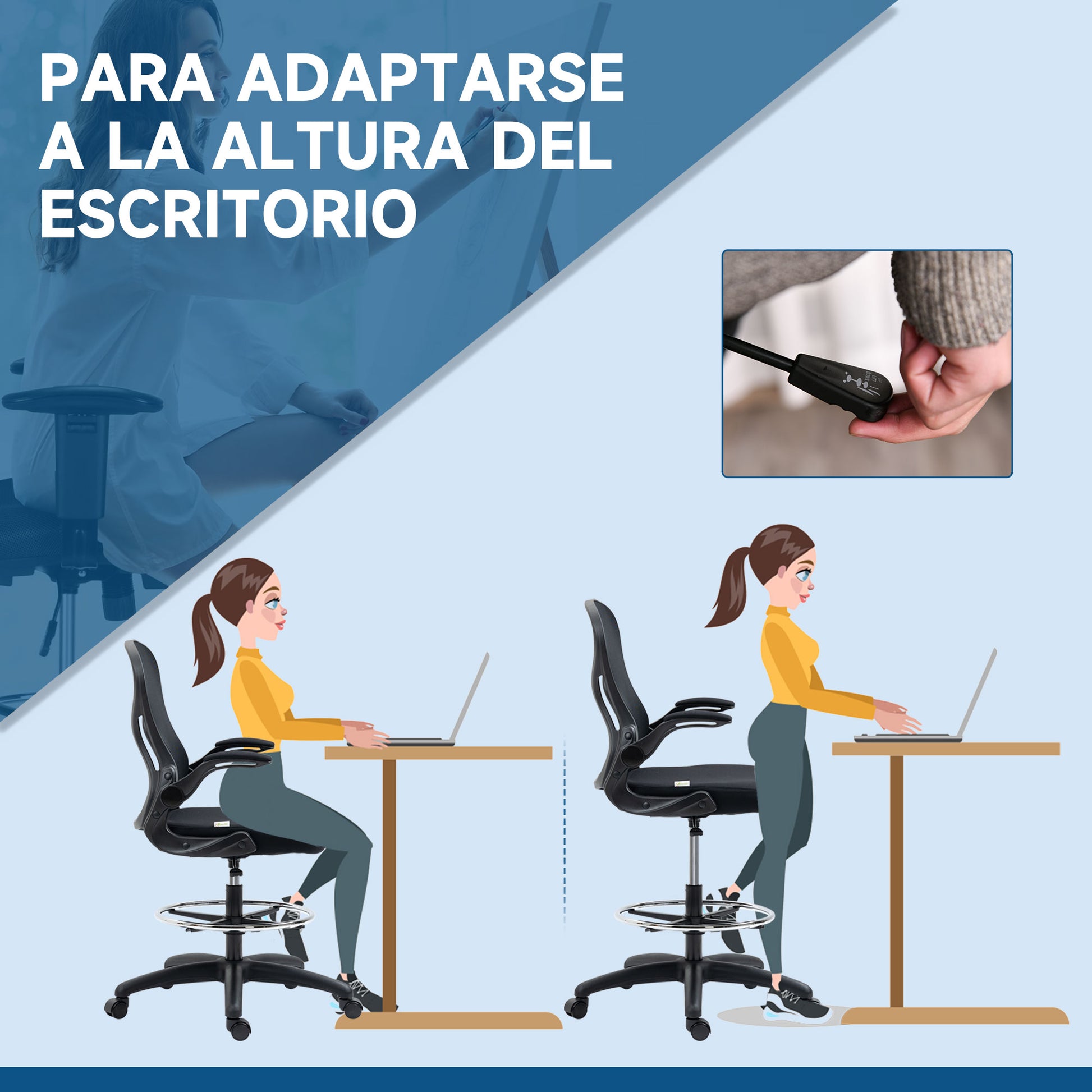 Drafting Chair Swivel Office Chair High Back Mid-Back Lumbar Support Flip-Up Armrests Adjustable Height Load 120 kg 59x65x102-122 cm Black