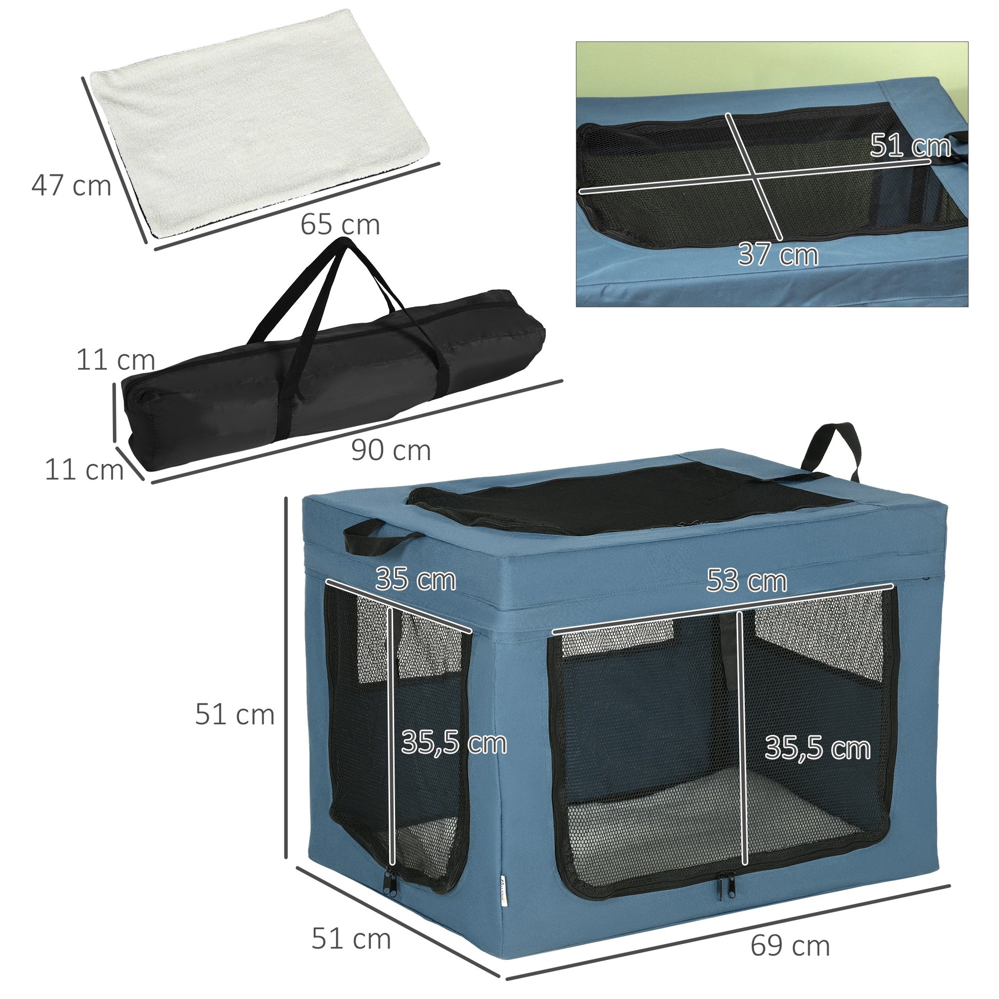 Foldable Pet Carrier Backpack with Top Opening Handle Mesh Fabric - 69 x 51 x 51 cm - Blue Black