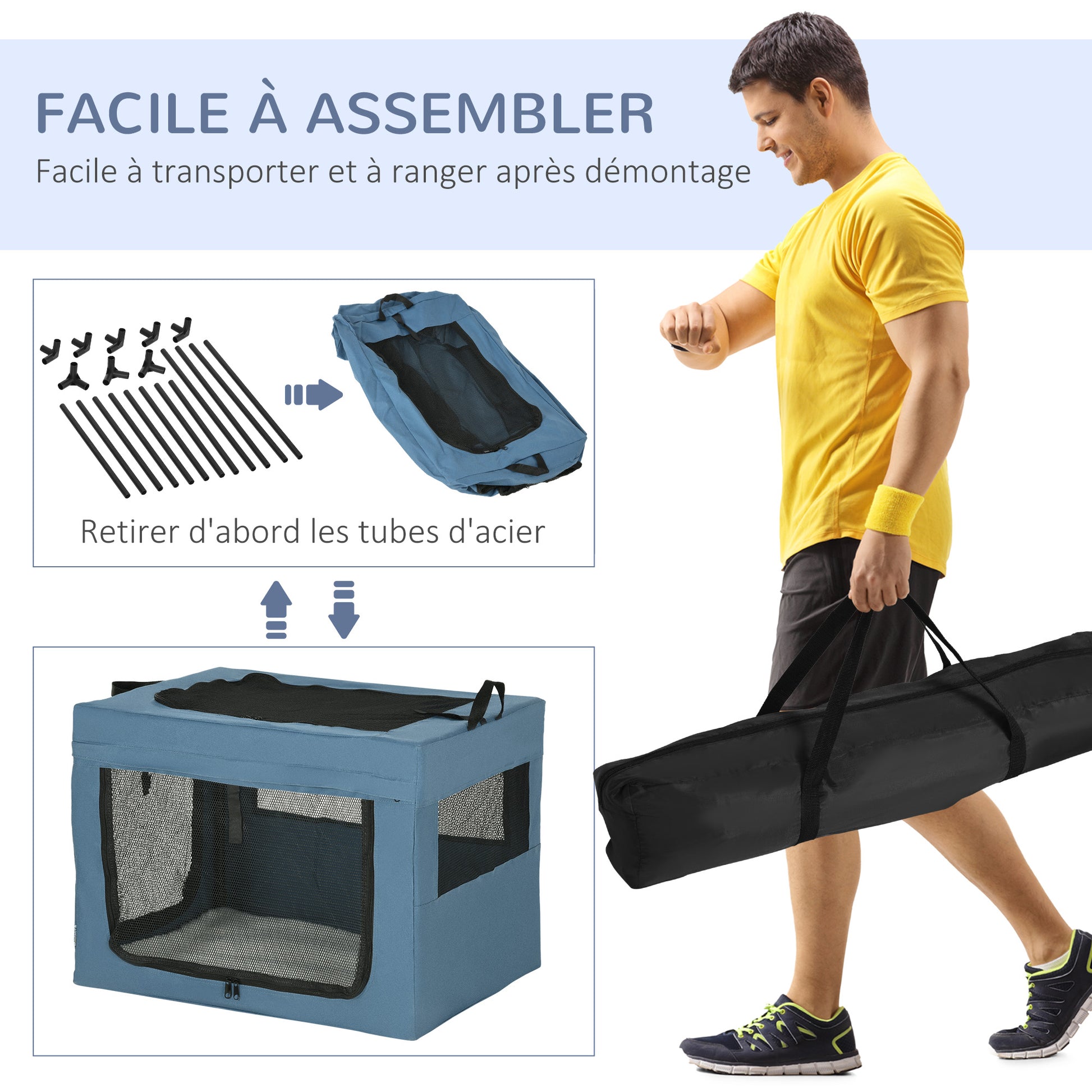 Foldable Pet Carrier Backpack with Top Opening Handle Mesh Fabric - 69 x 51 x 51 cm - Blue Black