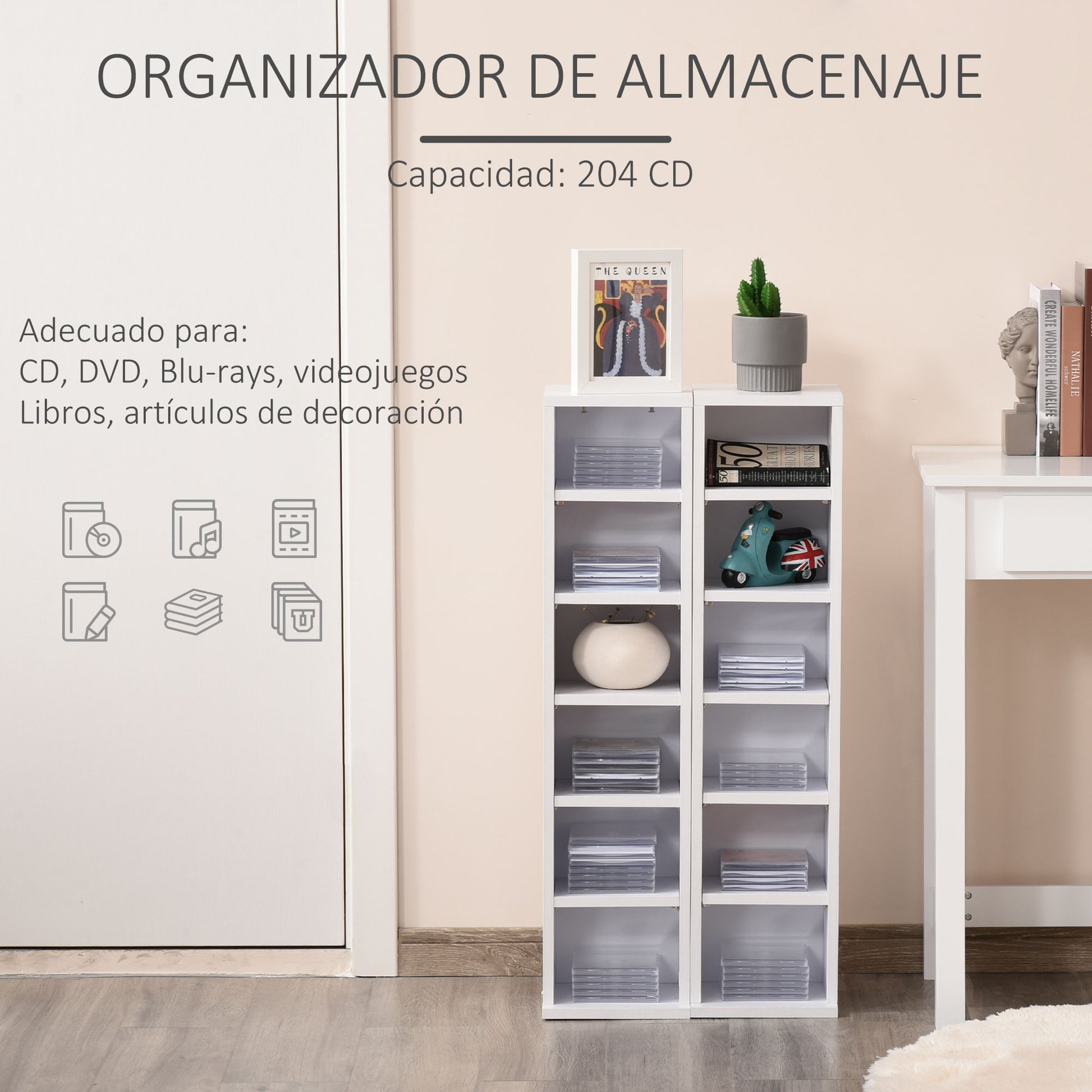 CD or DVD Shelves CD Racks with 12 Compartments for 204 CDs and Adjustable Shelf for Living Room Bedroom Office 21x22.5x88.5 cm White