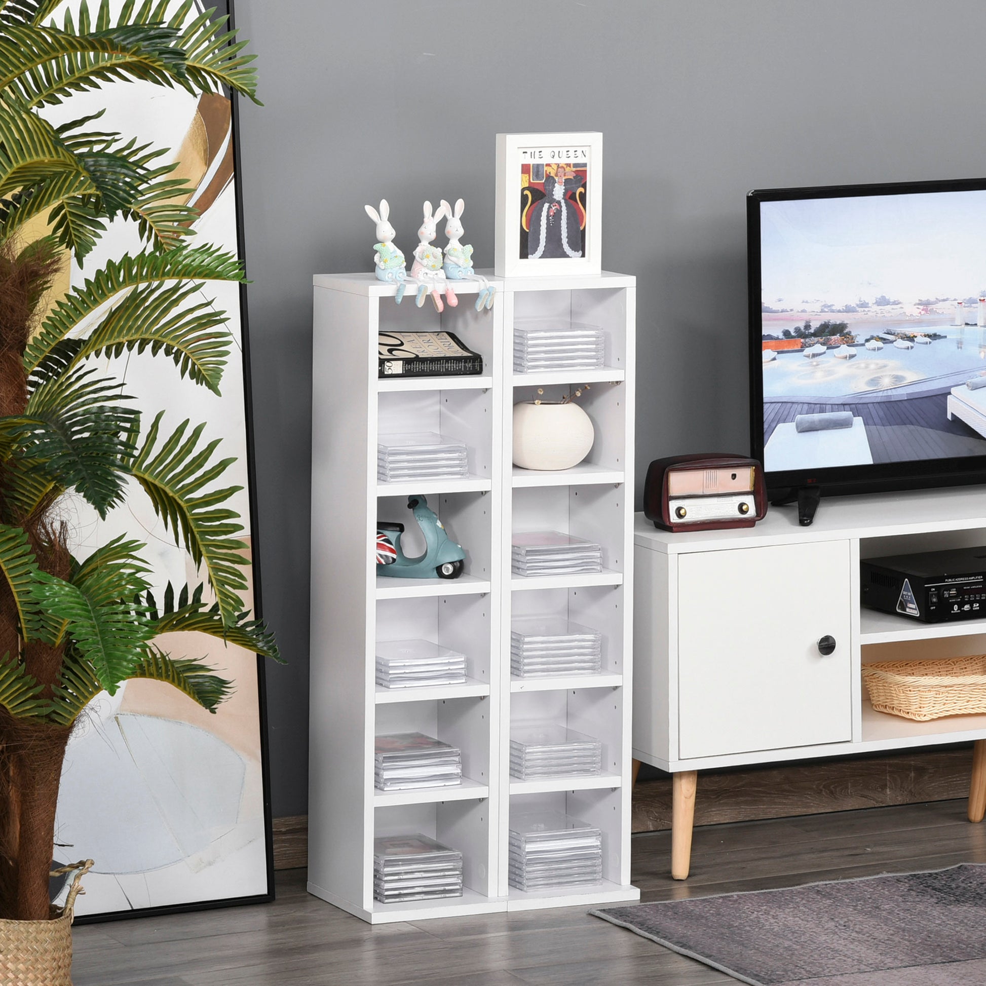 CD or DVD Shelves CD Racks with 12 Compartments for 204 CDs and Adjustable Shelf for Living Room Bedroom Office 21x22.5x88.5 cm White