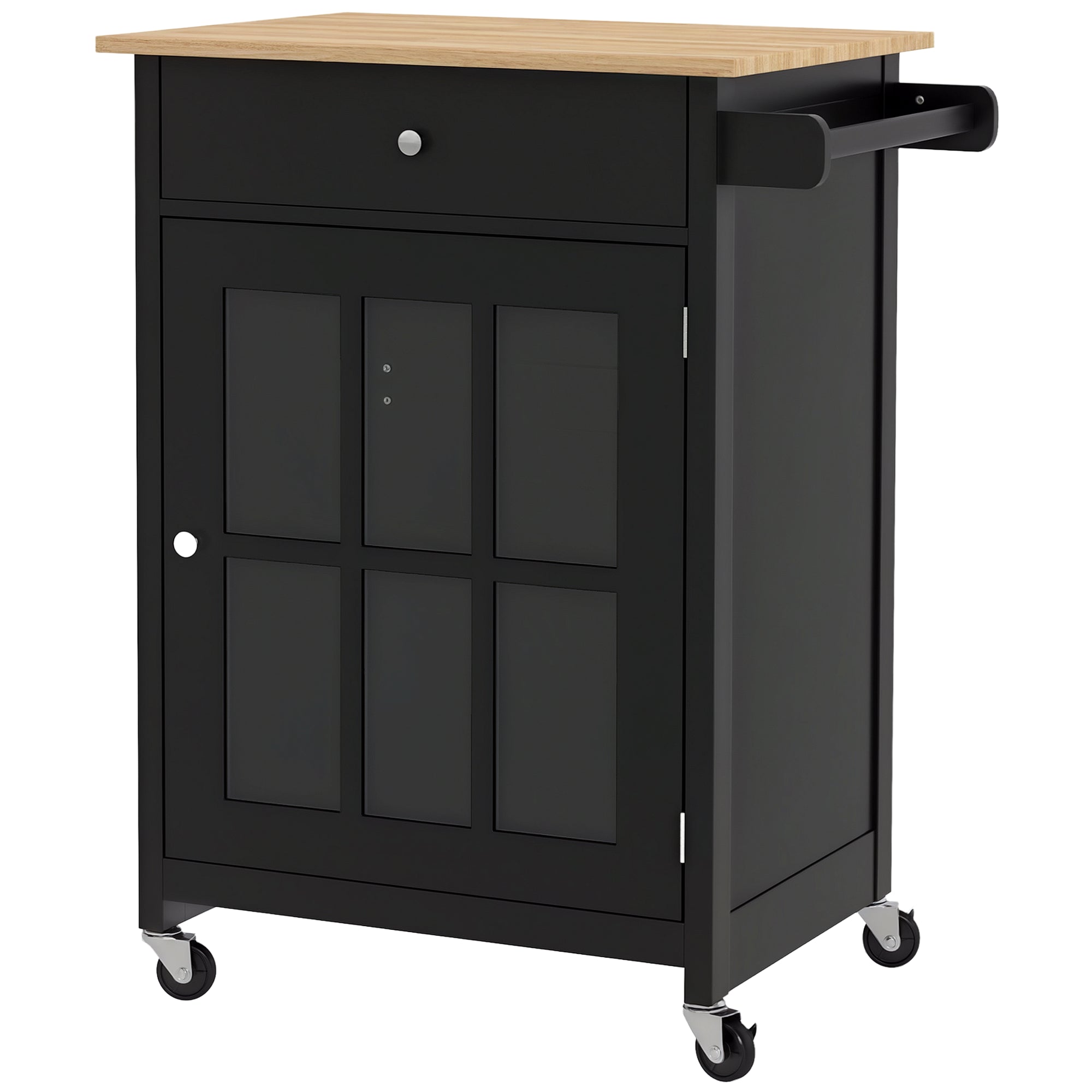 Kitchen Cart with Drawer, Adjustable Shelf, 4 Wheels, and Side Towel Holder, Kitchen Cart with Rubber Wood Top, for Living Room and Kitchen, 67x48x86.5 cm, Black and Oak