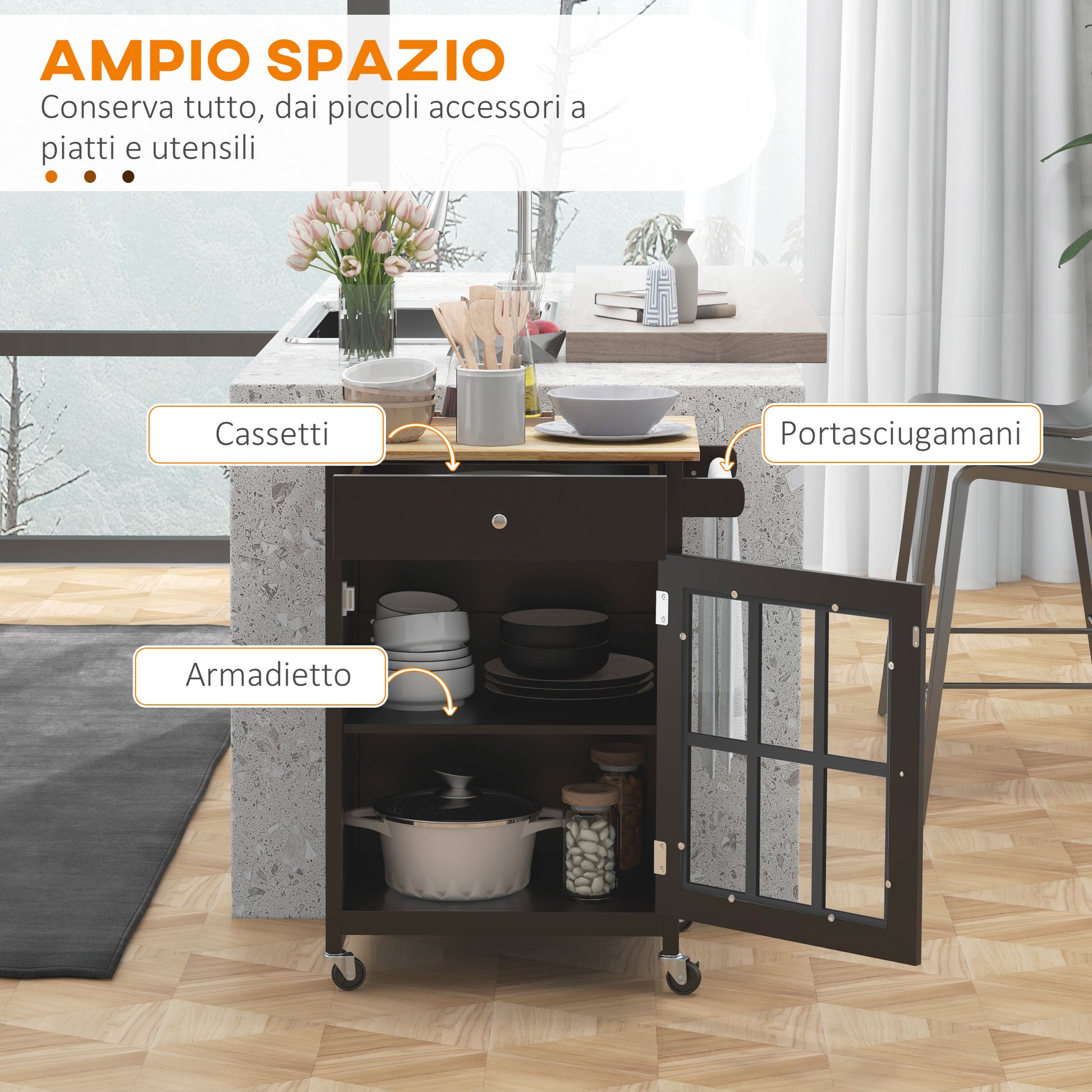 Kitchen Cart with Drawer, Adjustable Shelf, 4 Wheels, and Side Towel Holder, Kitchen Cart with Rubber Wood Top, for Living Room and Kitchen, 67x48x86.5 cm, Black and Oak