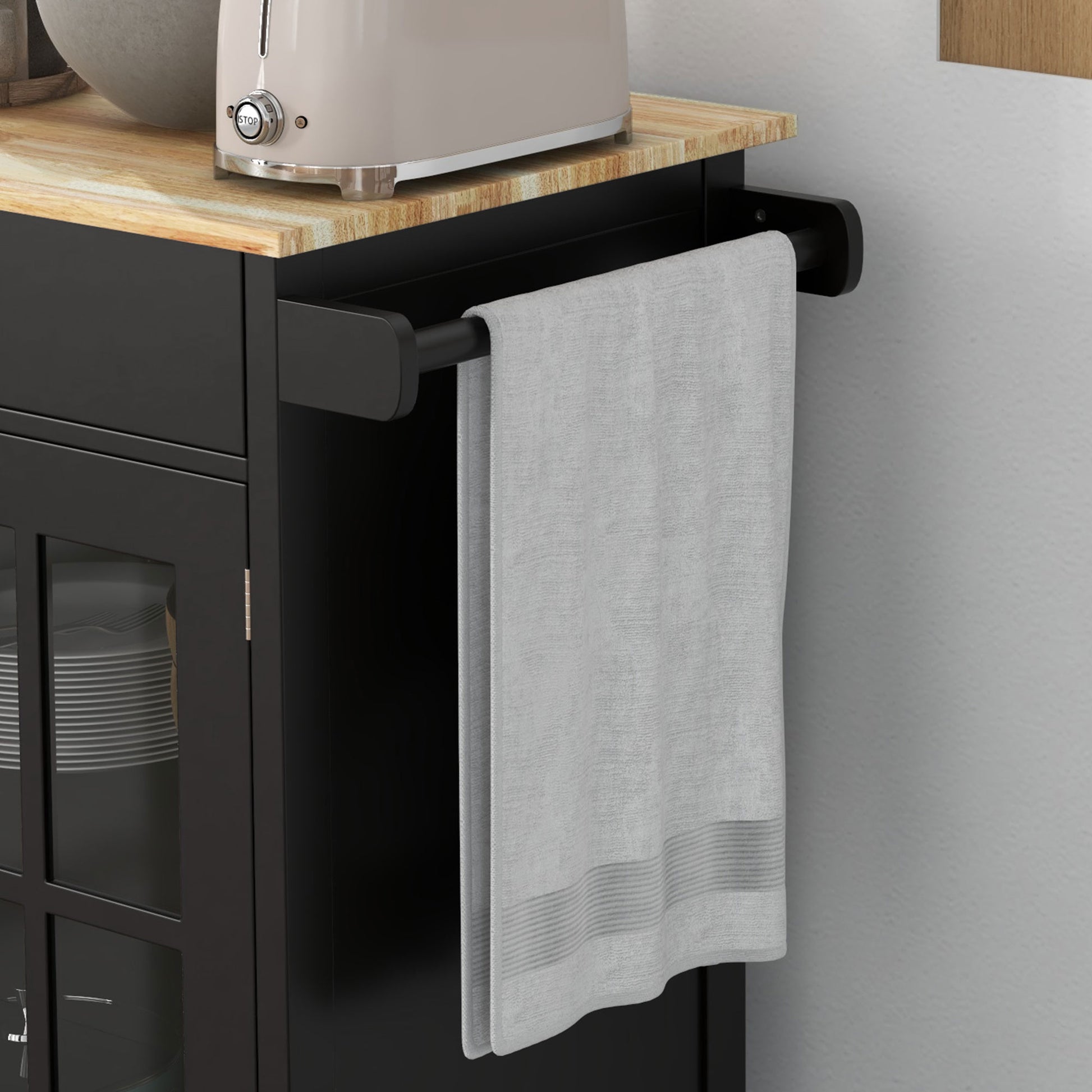 Kitchen Cart with Drawer, Adjustable Shelf, 4 Wheels, and Side Towel Holder, Kitchen Cart with Rubber Wood Top, for Living Room and Kitchen, 67x48x86.5 cm, Black and Oak