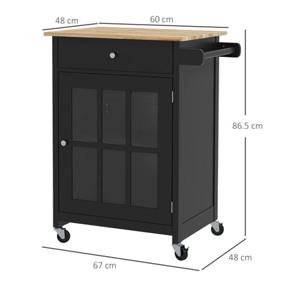 Kitchen Cart with Drawer, Adjustable Shelf, 4 Wheels, and Side Towel Holder, Kitchen Cart with Rubber Wood Top, for Living Room and Kitchen, 67x48x86.5 cm, Black and Oak